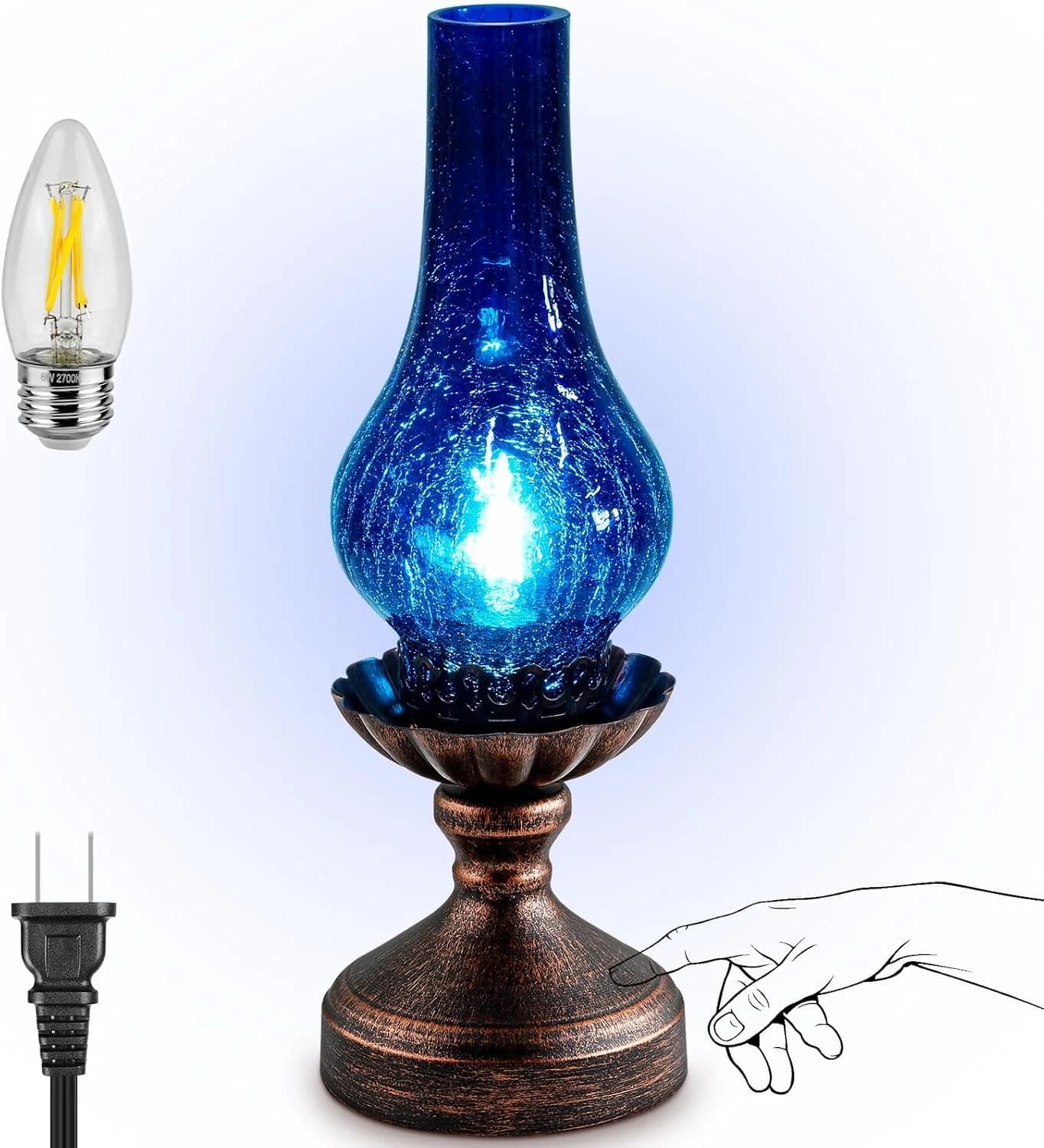 Vintage Table Lamp with Blue Crackle Glass Shade,Touch Control & 3-Way Dimmable Rustic Retro Farmhouse Bedside Lamp for