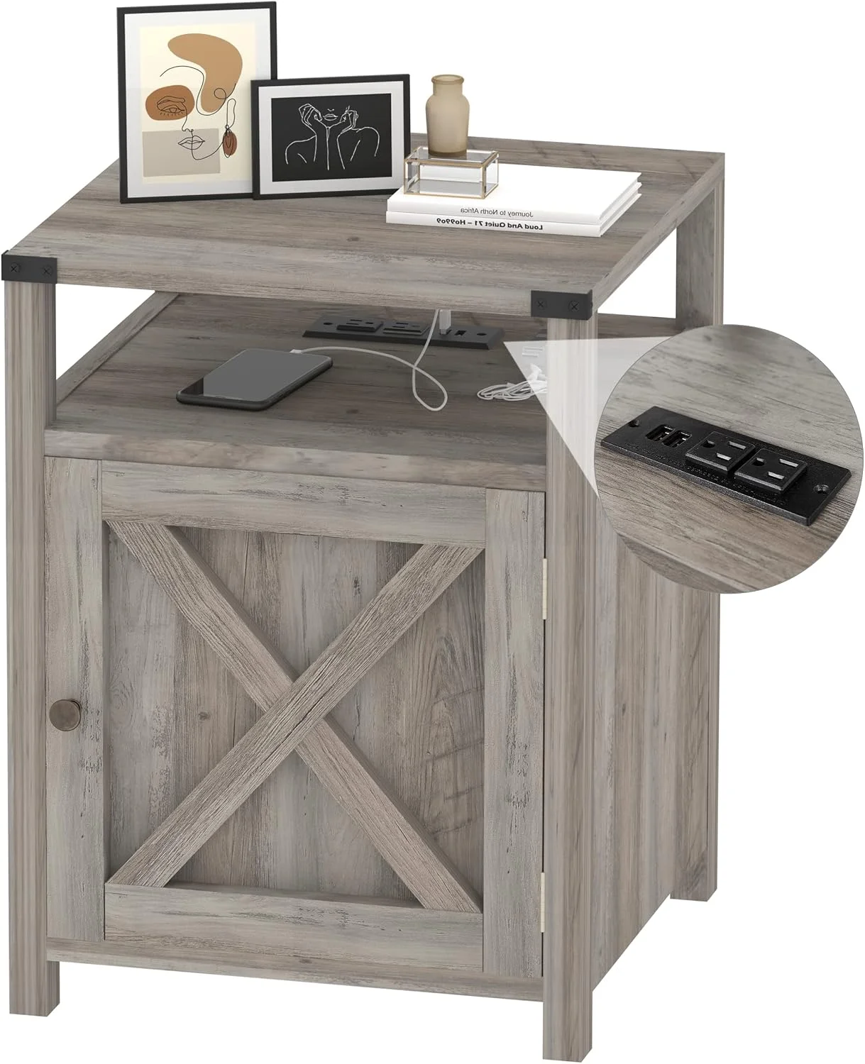 Farmhouse Nightstand with Charging Station, Rustic End Table Bedroom with Storage Living Room Side Table Grey Night Stan