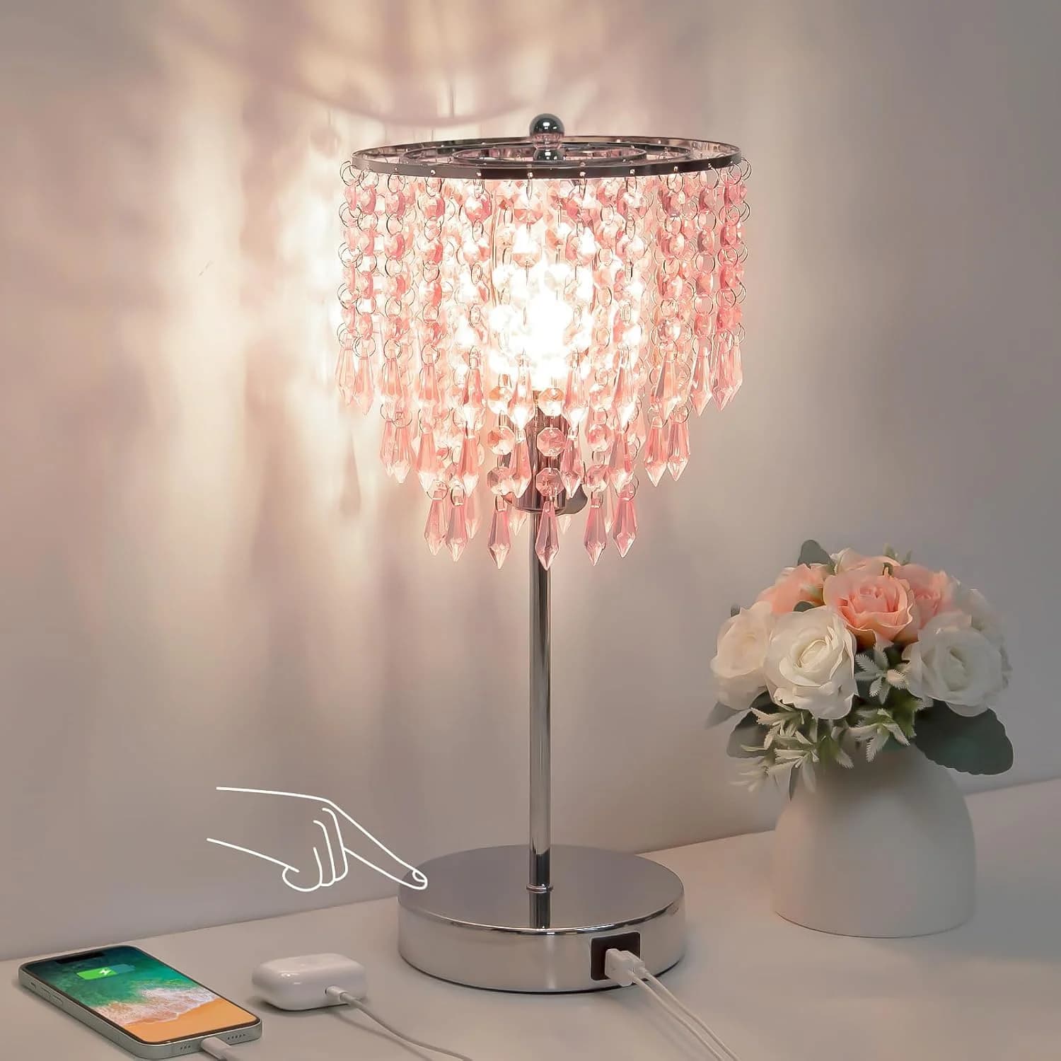 Touch Bedside Lamp with USB C+A Ports, Silver with Pink Crystal Shade