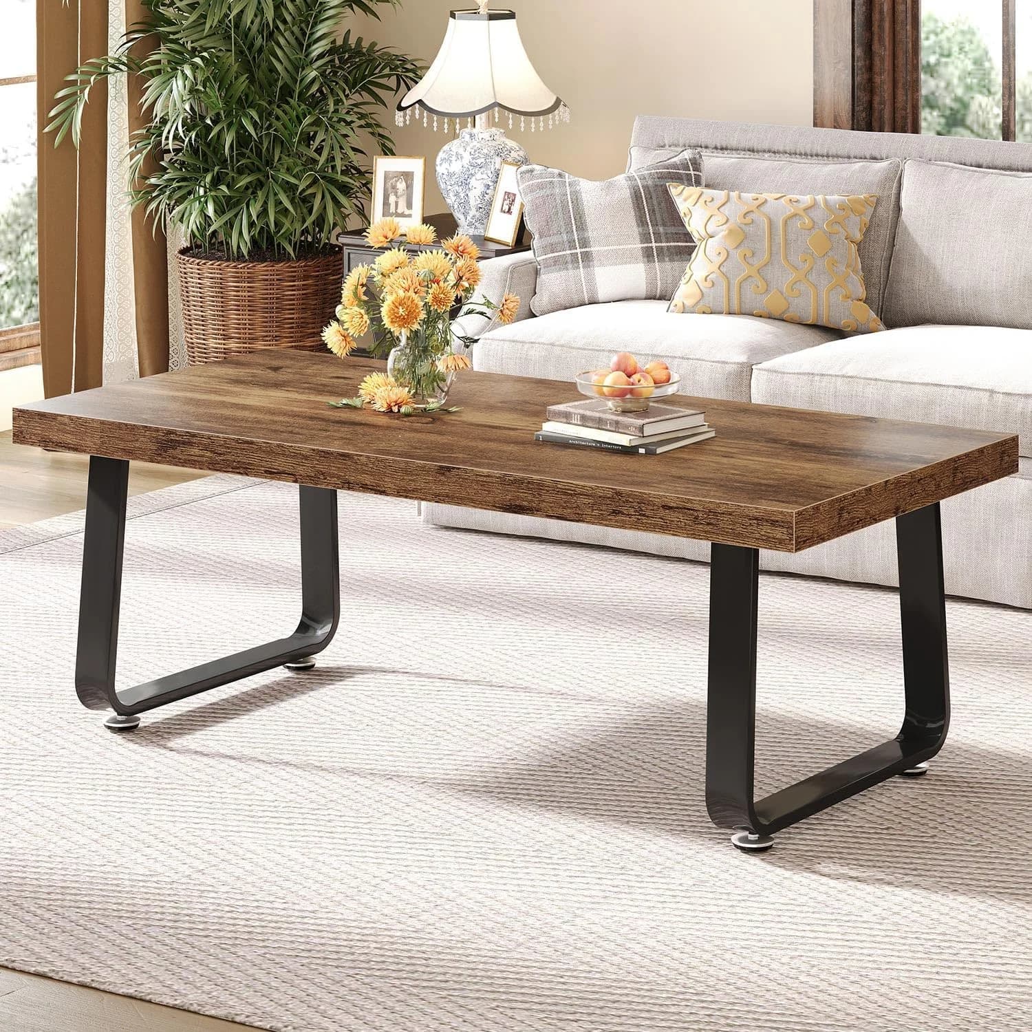 HSH 47" Wood Rectangle Coffee Table for Living Room, Rustic Brown