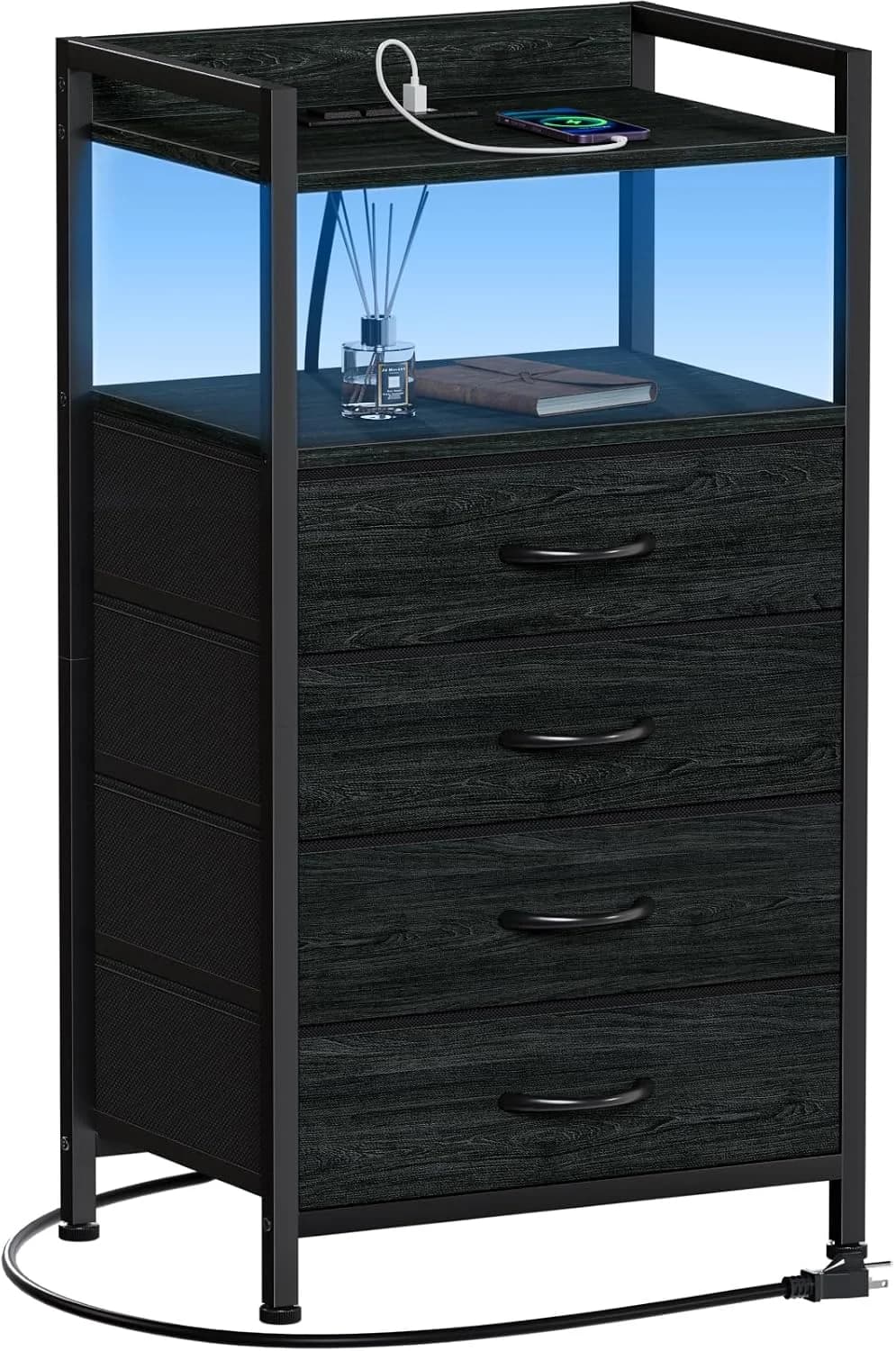 Furnulem Night Stand with Charging Station,LED,Tall Bedside Table for Dorm
