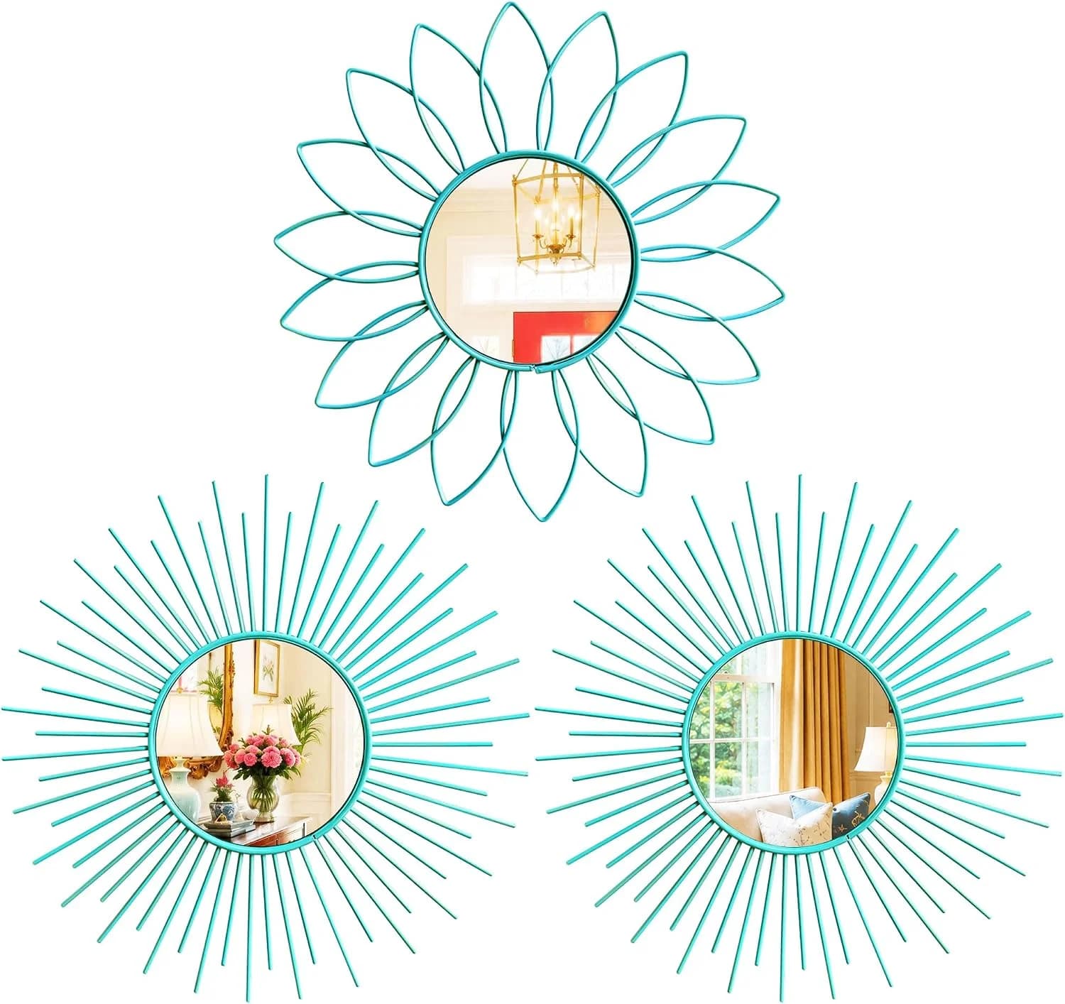 3 Pack Metal Mirrors for Wall Sunburst Wall Mirrors Home Décor Decorative Hanging Wall Art for Living Room Bedroom Entry