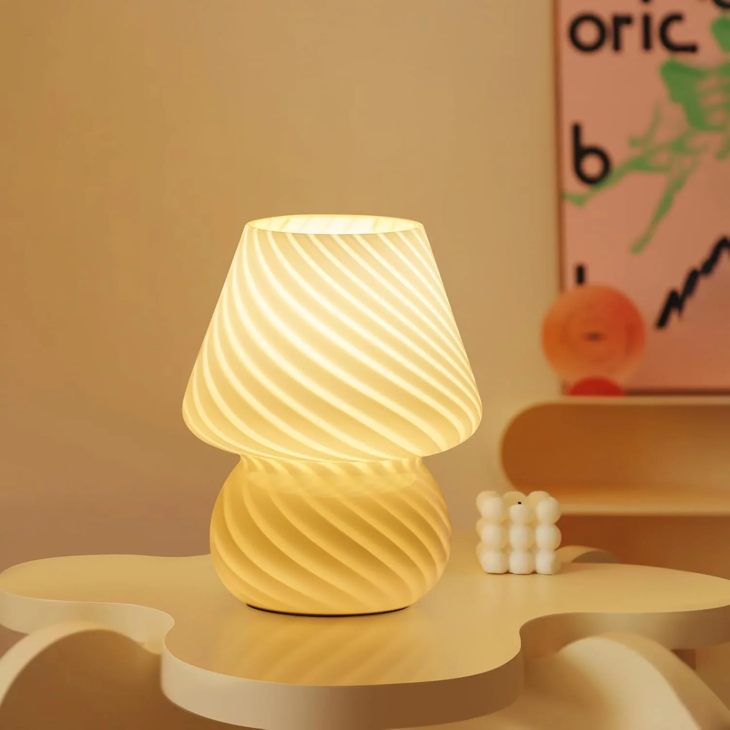 ONEWISH Mushroom Lamp-Small Bedside Table Lamp with Striped Glass, Nightstand Night Light for Bedroom Living Room, 3000K