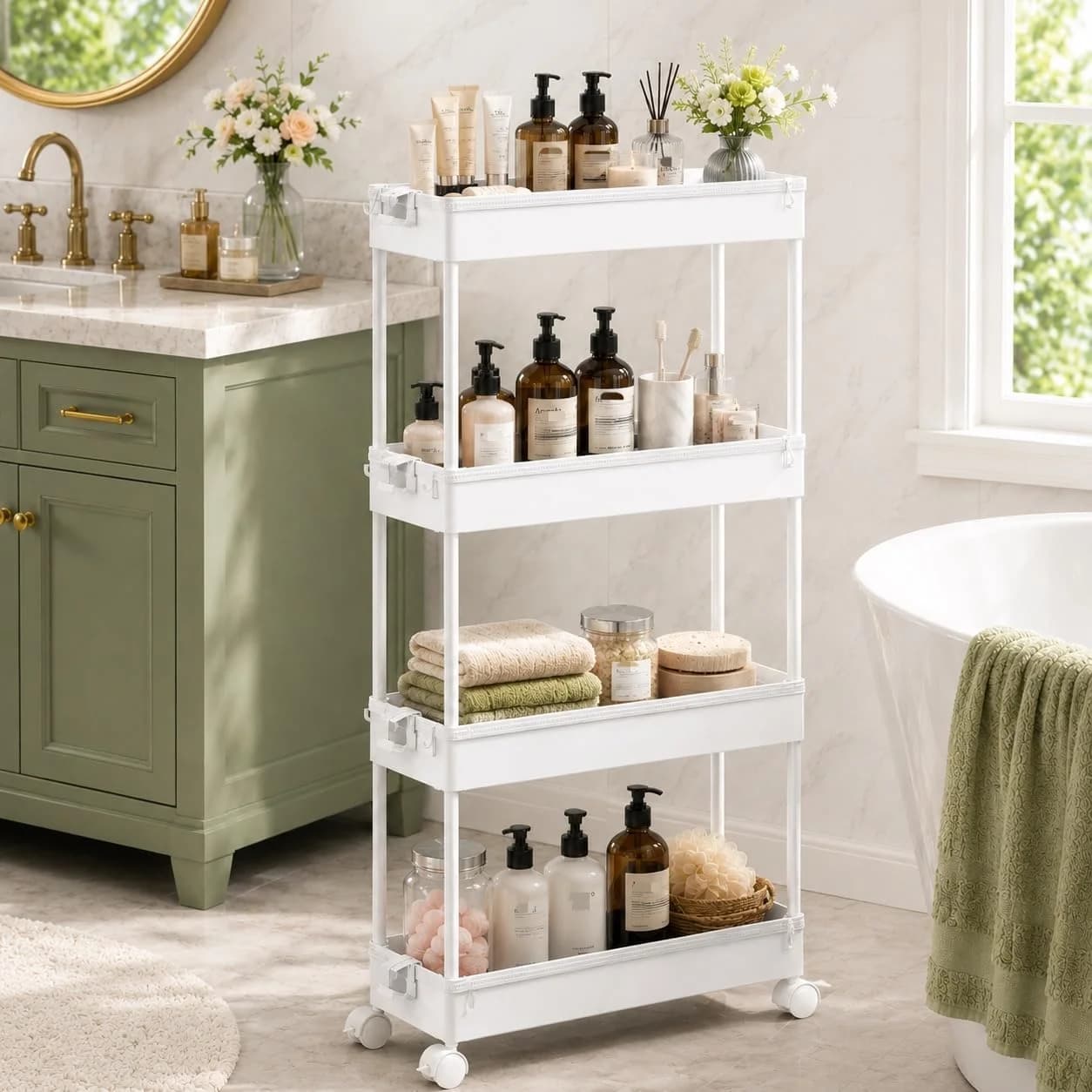 SPACEKEEPER Slim Rolling Storage Cart, 4 Tier Bathroom Cart Organizer,White