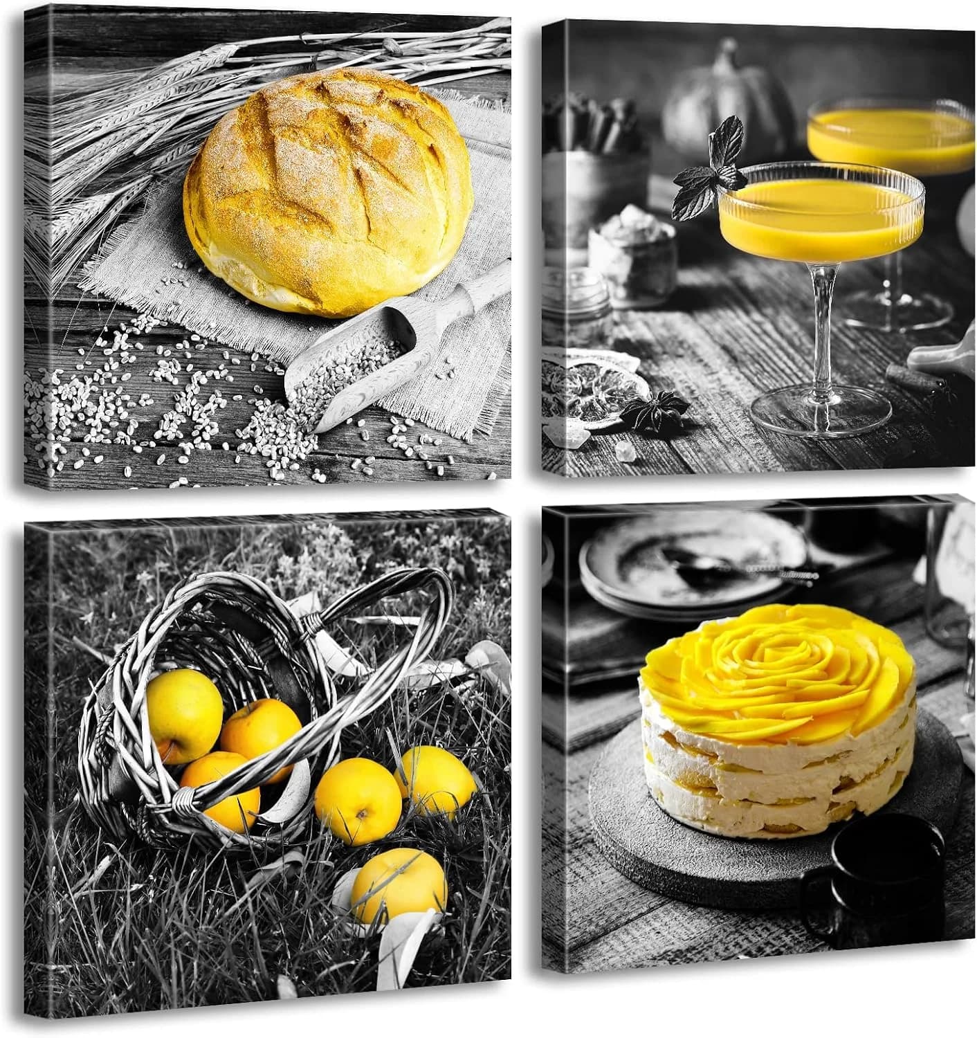 DJSYLIFE Kitchen Wall Decor Black and White Yellow Wall Art, 12" Wx12 Hx4