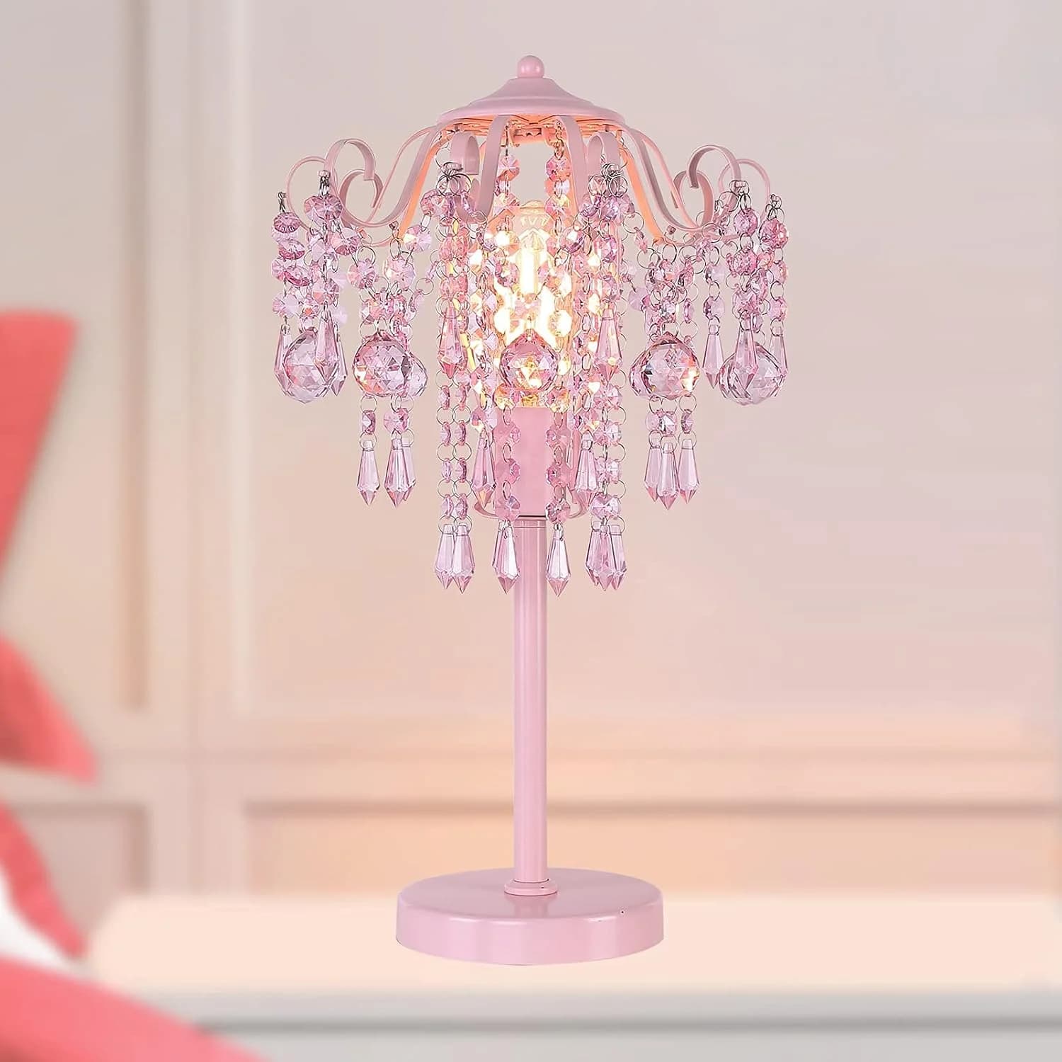 MEIXISUE Small Pink Crystal Bedside Table Lamp End Table Lamp Nightstand Lamp for Bedroom Living Room Office H20.4'' W11