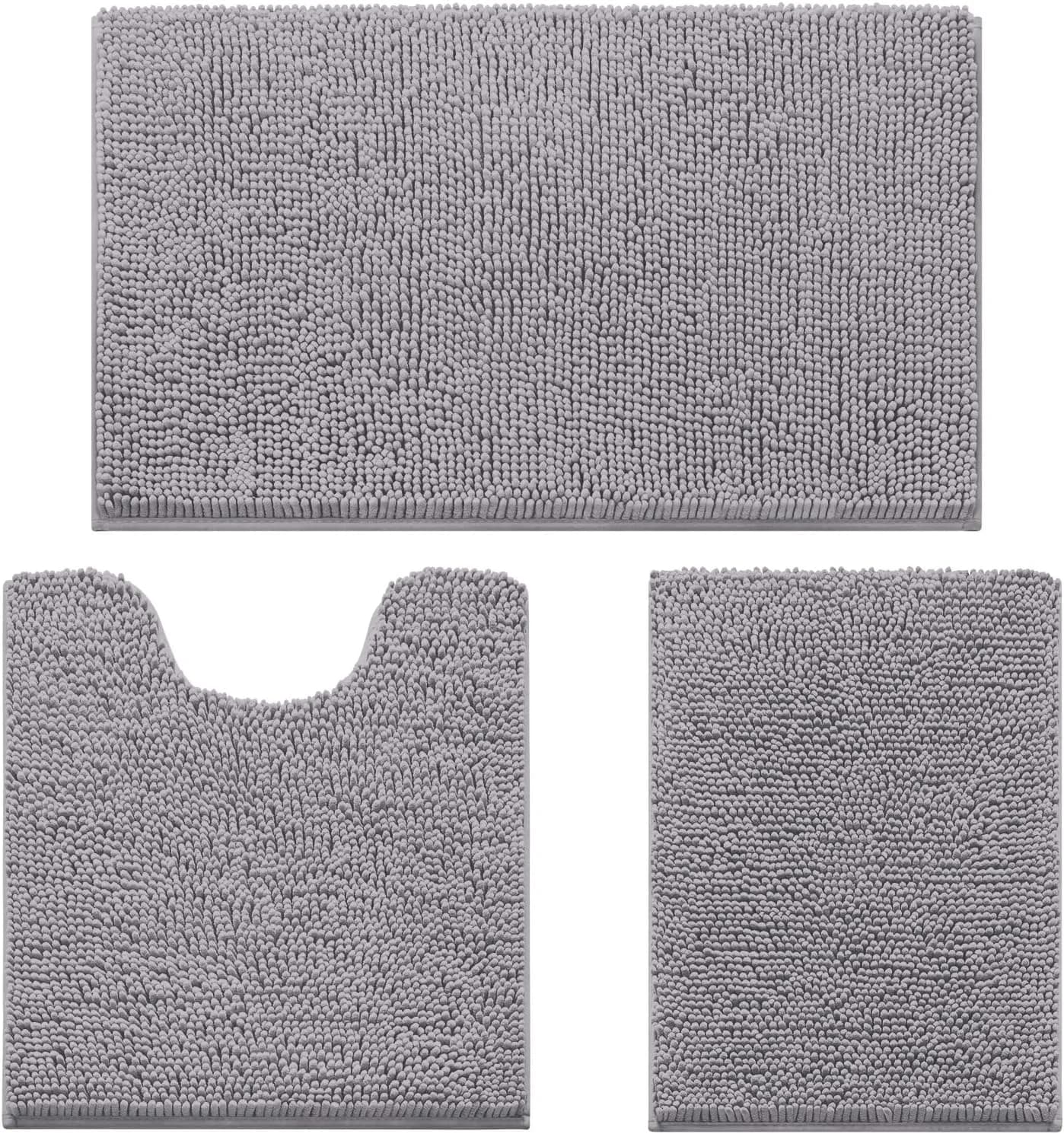HOMEIDEAS Grey Chenille Bathroom Rugs Set of 3, Non Slip Bath Mat