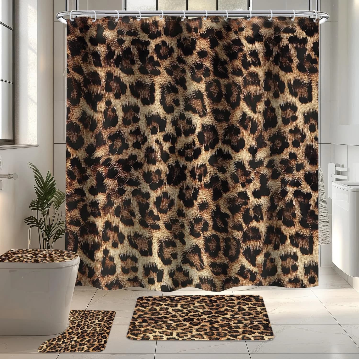 Leopard Print Shower Curtain Set 4Pcs Cheetah Print Bathroom Set with Rugs