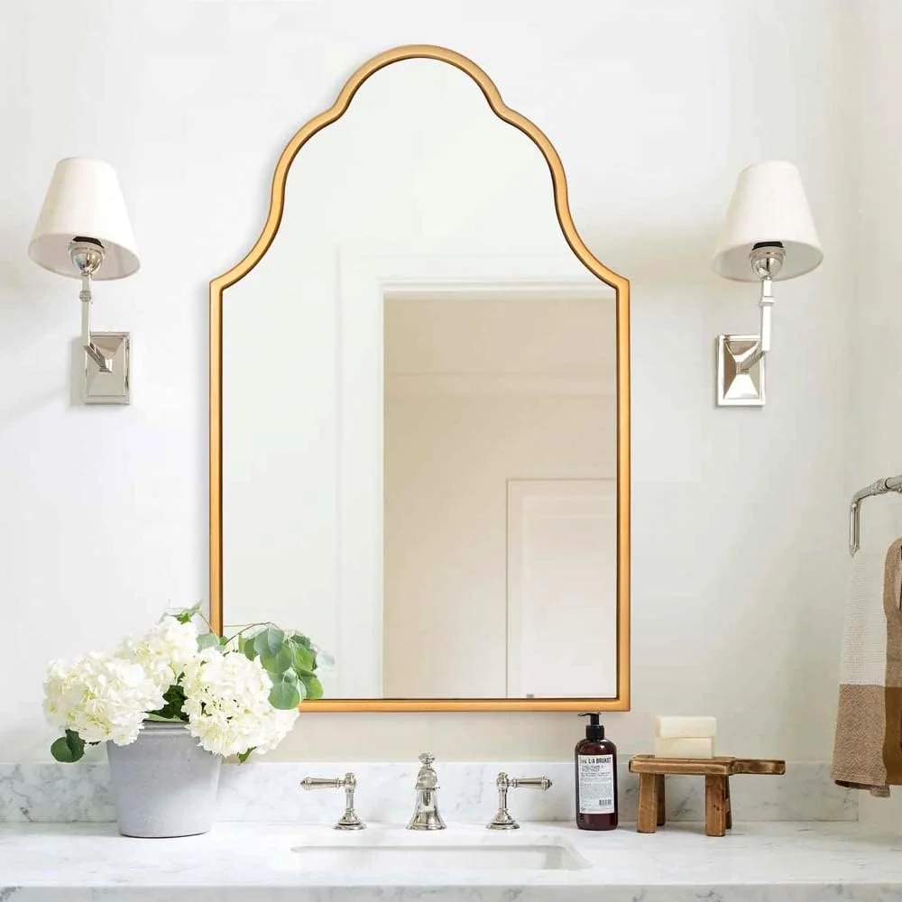 Chende Arched Mirror for Wall Decor, 32"X20" Gold Wall Mirror for Bathroom, Elegant Scalloped Mirror for Living Room, En