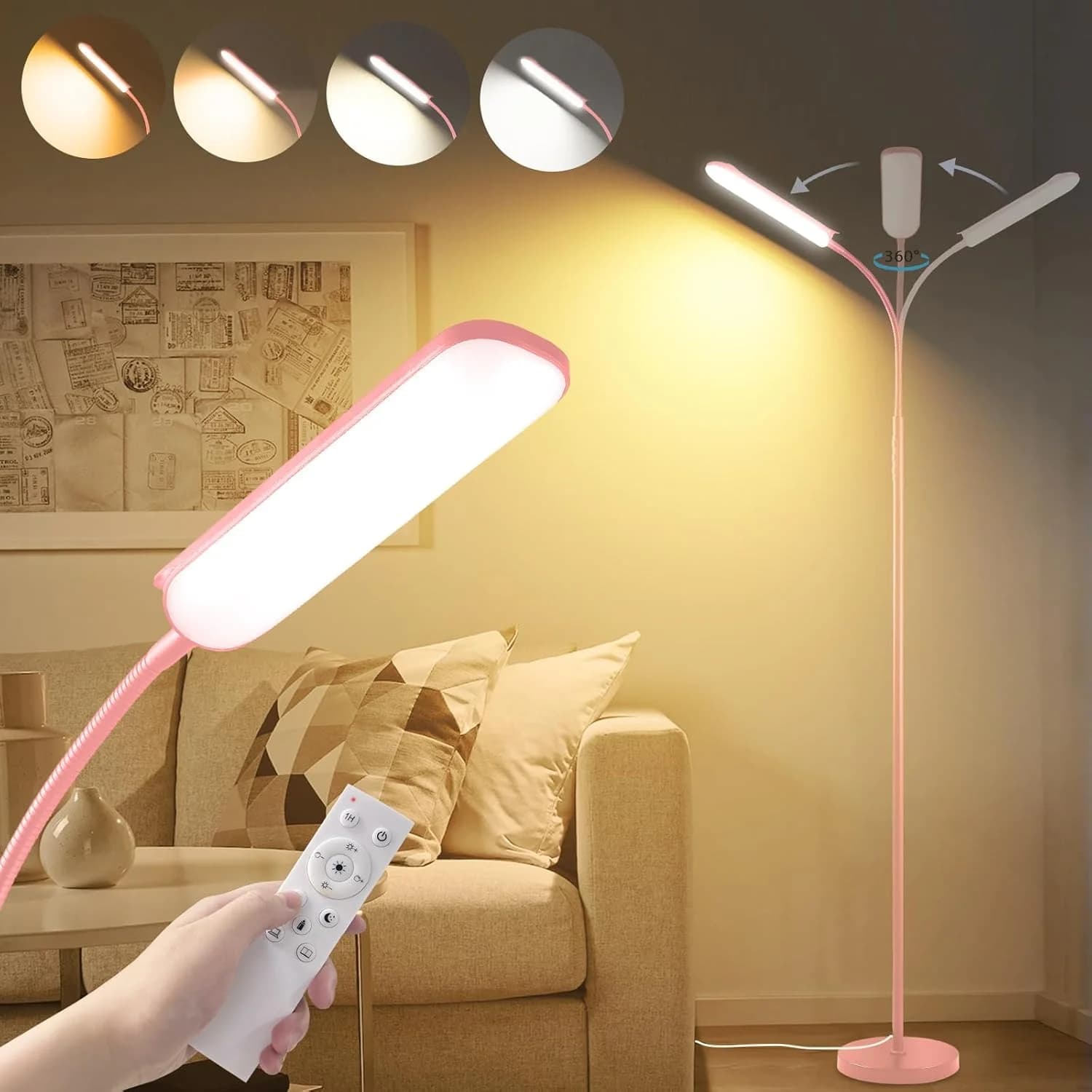 marctronic Pink LED Floor Lamp, 18W 1800LM Bright Floor Lamp with Remote & Works with Smart Plug, Dimmable Timing Eye Ca