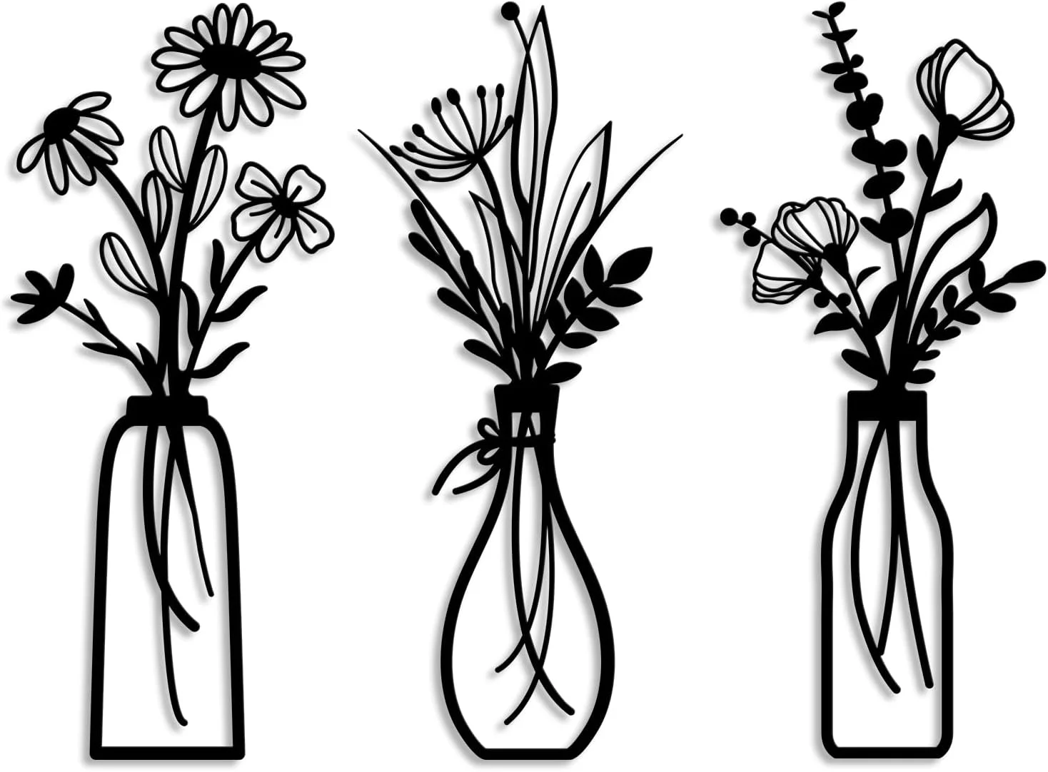 Pigort 3 Pieces Metal Flowers Wall Arts - Rustic Farmhouse Decor Black Minimalist Flower Wall Decors for Living room Bat