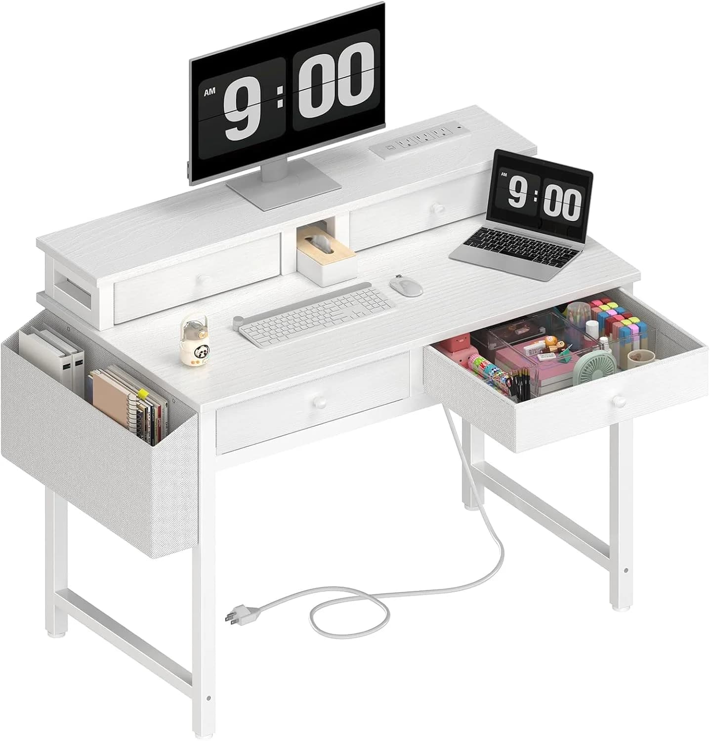 Lufeiya Small White Kids Desk with Fabric Drawers for Bedroom, 32 inch Vanity Makeup Desk with Drawers Storage for Home