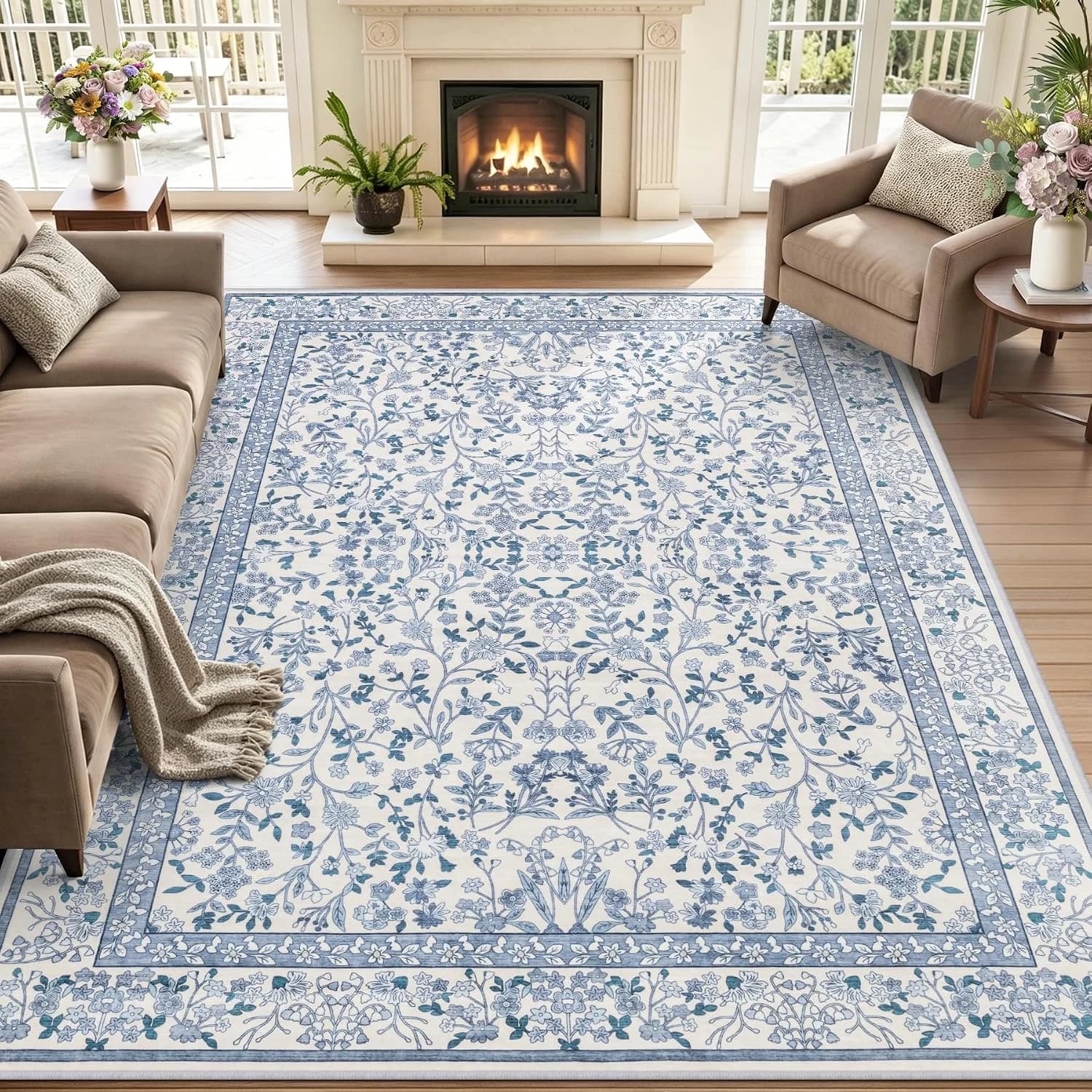 6x9 Area Rug Living Room: Soft Floral Washable Boho Carpet Blue