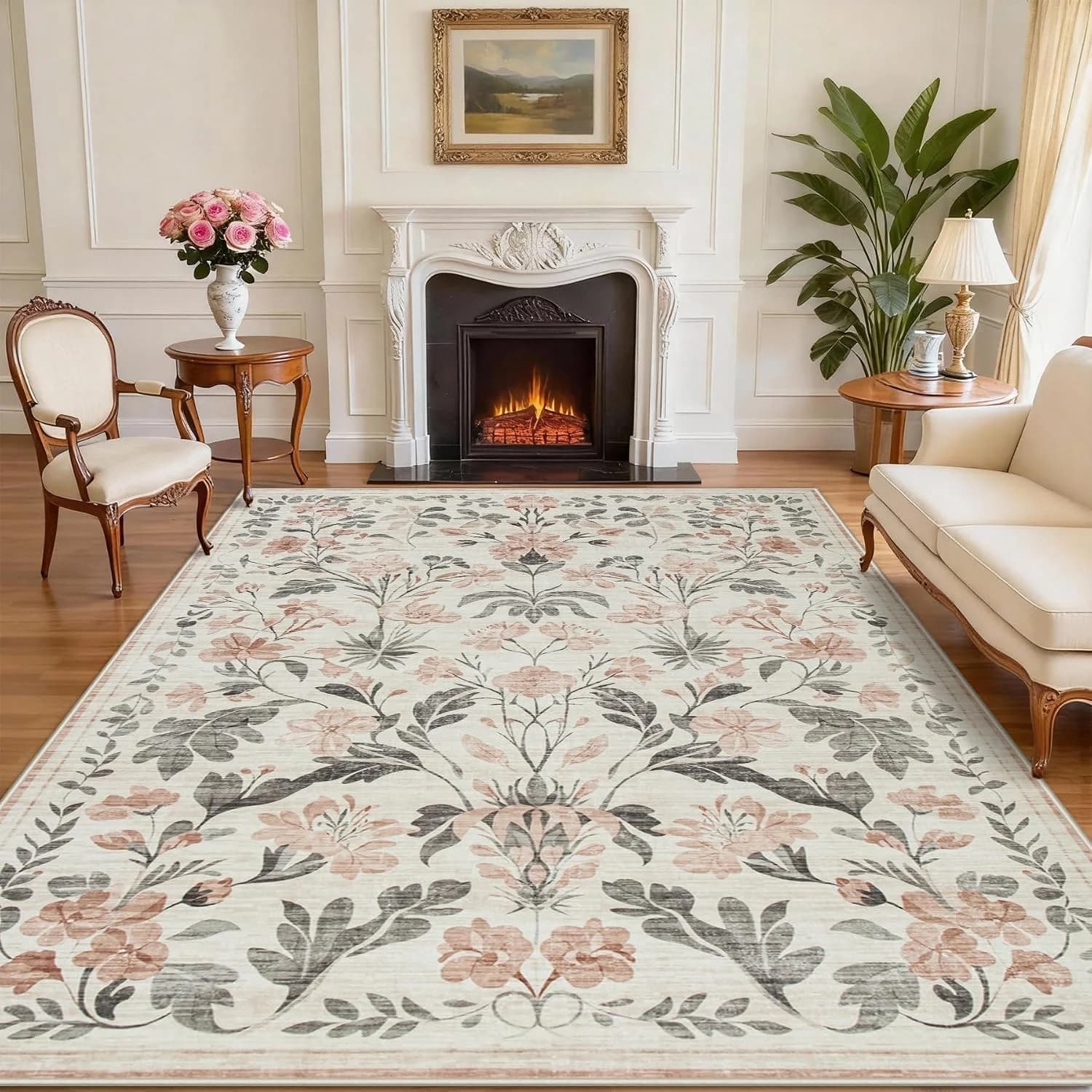 8x10 Area Rugs Boho Floral Washable Living Room Rug Neutral Carpet Bedroom