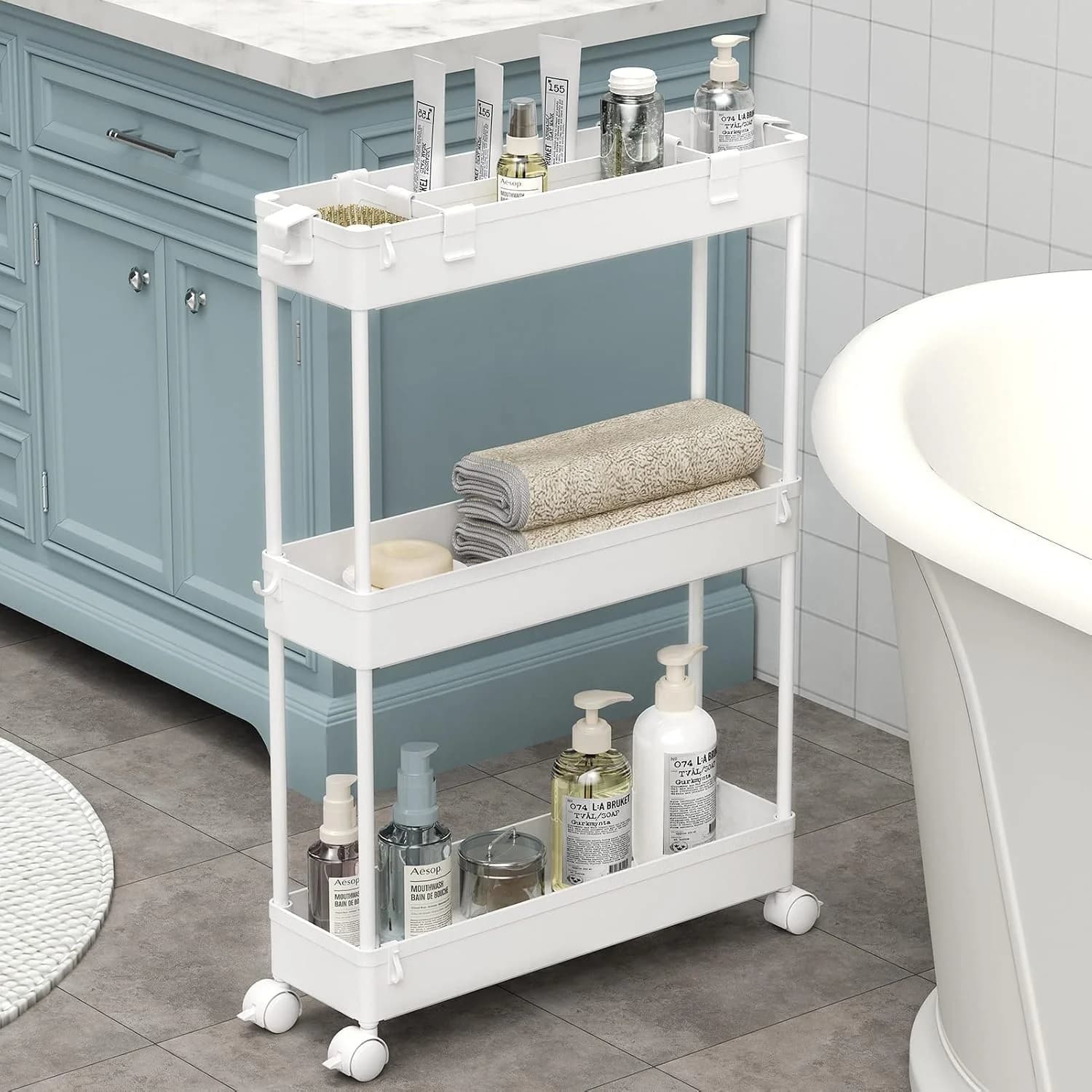 SPACELEAD Slim Storage Cart 3 Tier,Bathroom Organizer Rolling Utility, Mobile Shelving Unit Slide Out for Office, Kitche