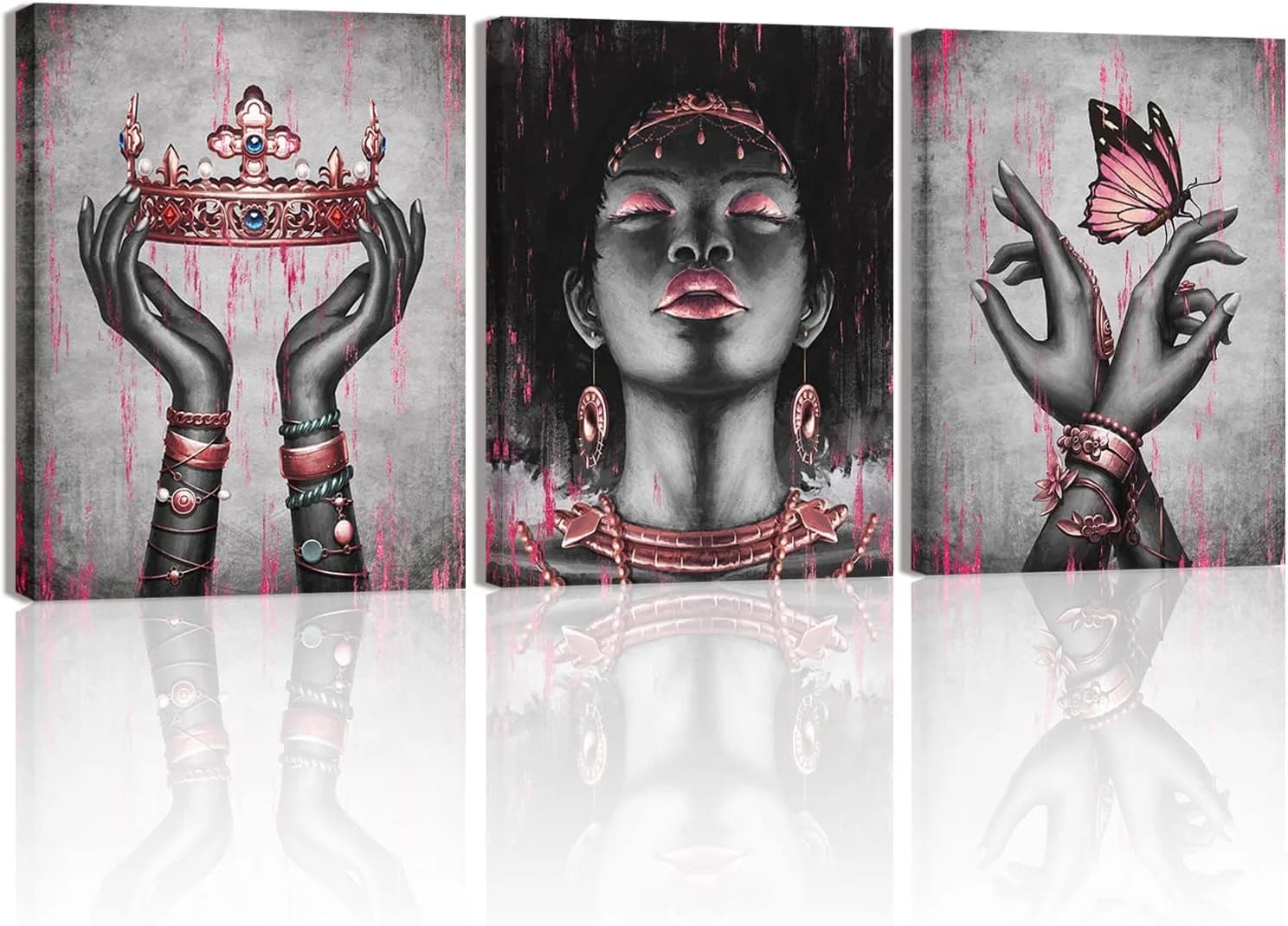 Visual Art Decor African American Canvas Wall Art Pink and Black Woman Portrait Fashion Rose Gold Black Girl Pink Bedroo