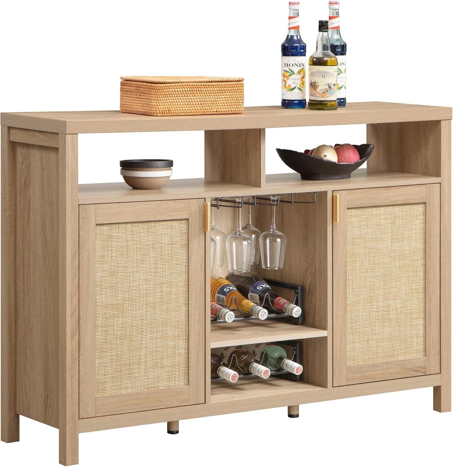 SICOTAS 51" Coffee Bar Cabinet with Storage, Rattan Bar Cart Liquor Cabinet