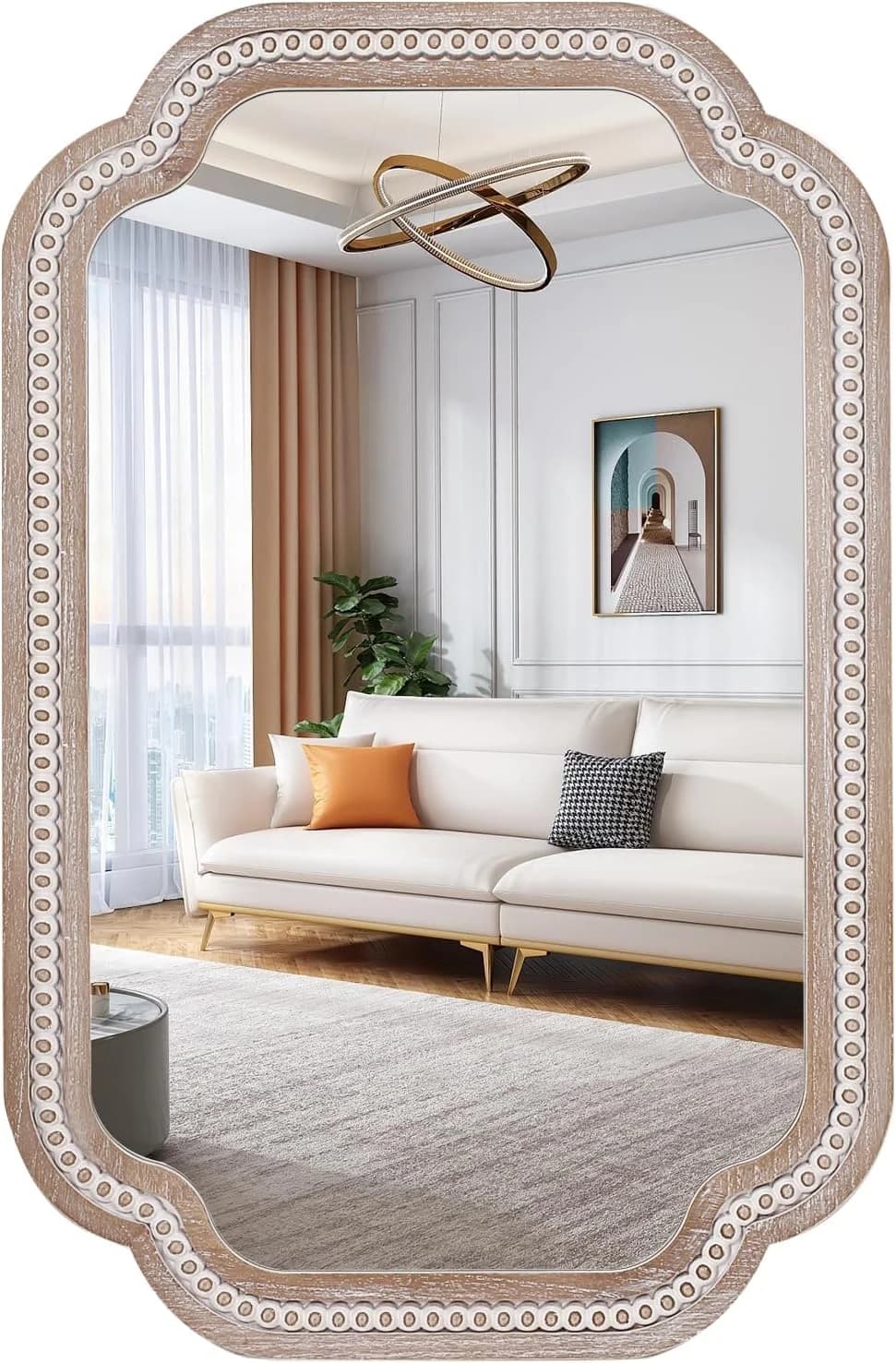36x24 Inch Scalloped Bathroom Mirror, Wooden Rustic Farmhouse Wall Mirrors