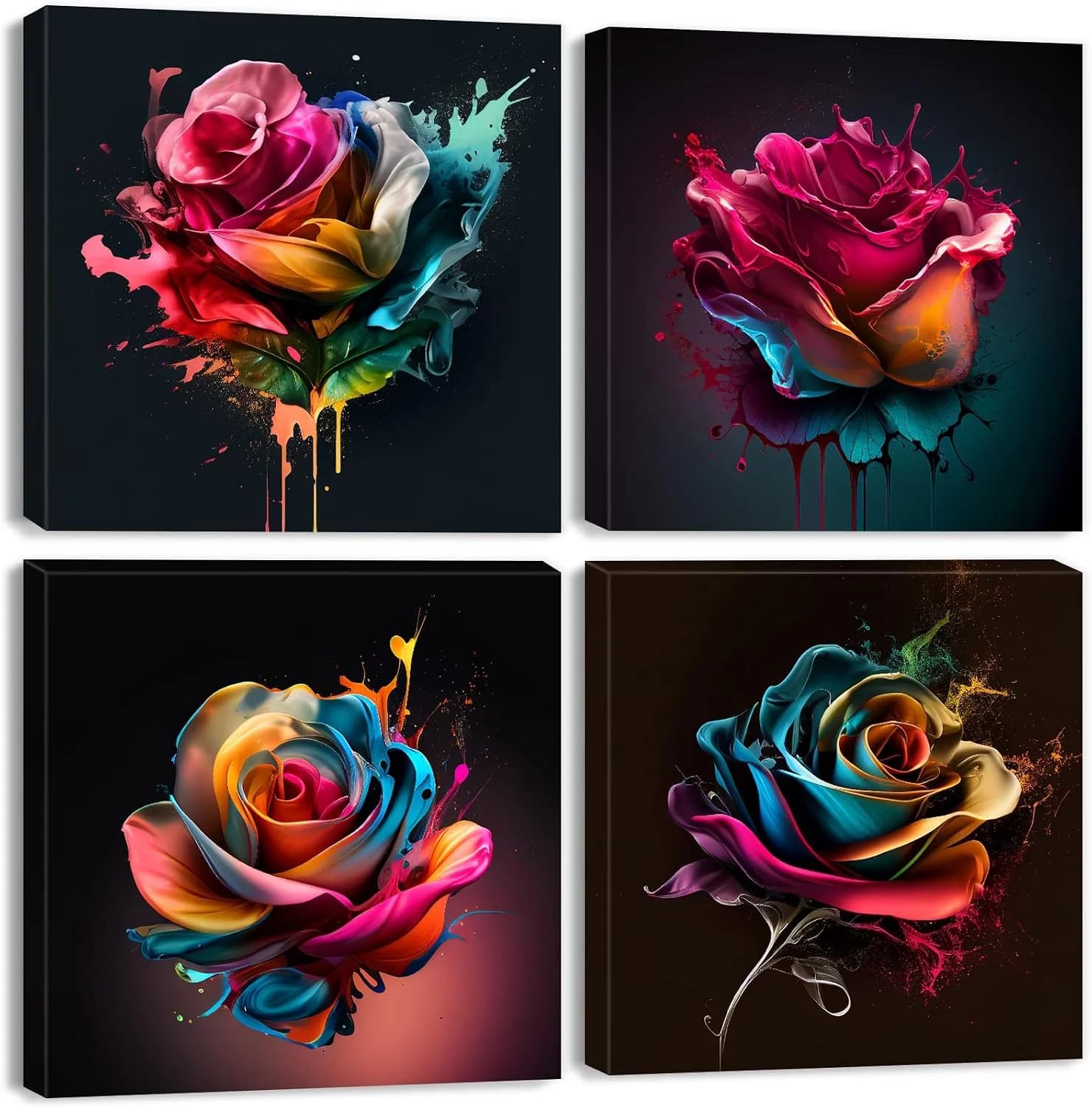 Colorful Rose Wall Art Abstract Graffiti Rainbow Flower Canvas Prints Pictures Bedroom Decor 12x12" 4 Pcs Modern Waterco