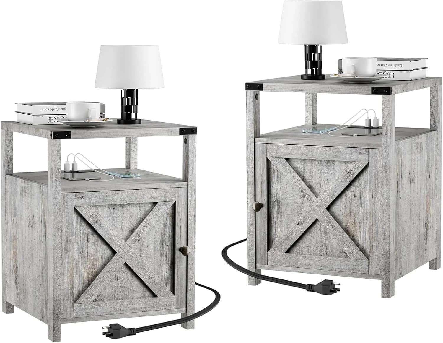 Farmhouse Nightstand Set of 2 with Charging Station, Rustic End Table Bedroom with Storage Living Room Side Table Grayis