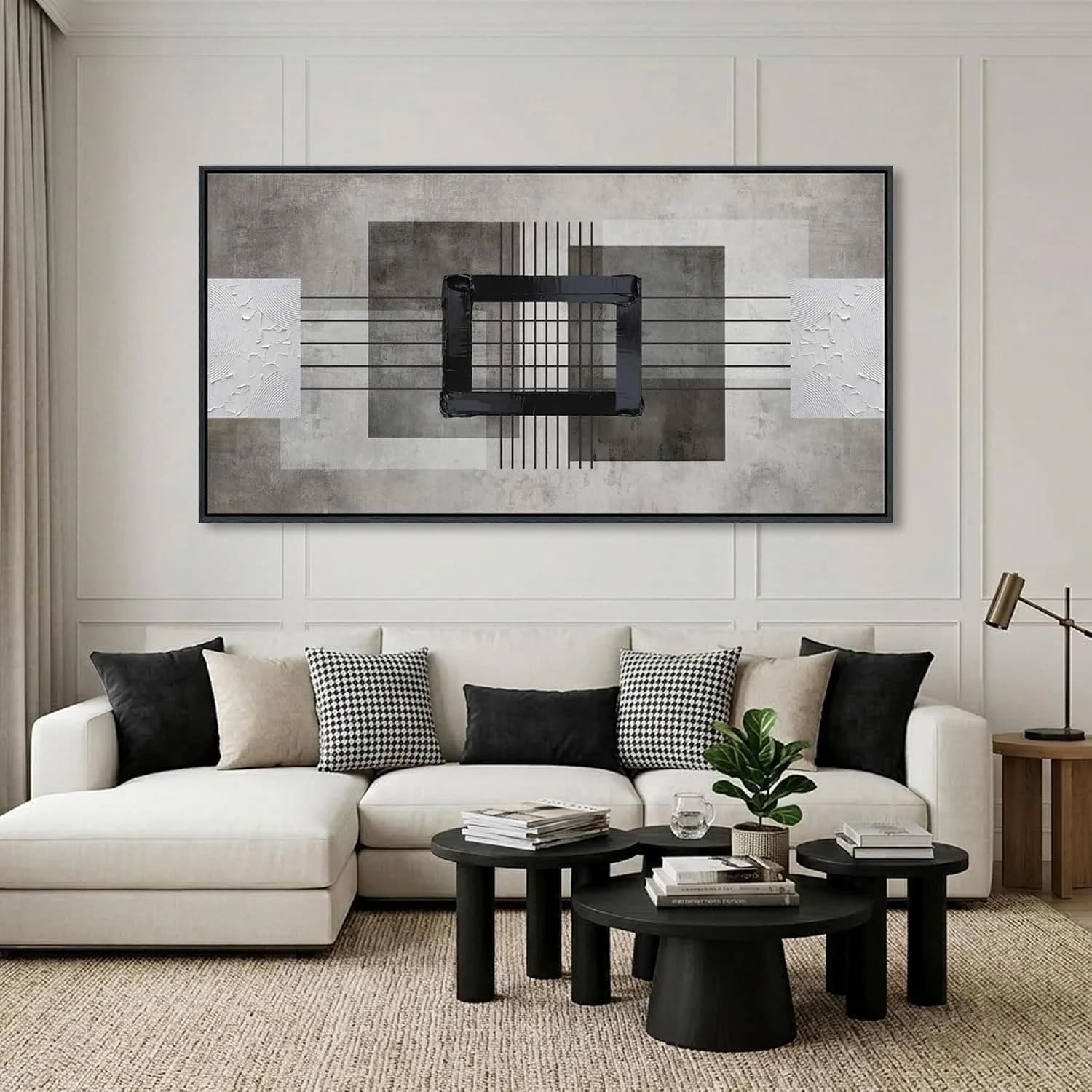 Large Abstract Canvas Wall Art for Living Room - Modern Neutral Beige & Gray Framed Artwork, Minimalist Textured Wall Pa