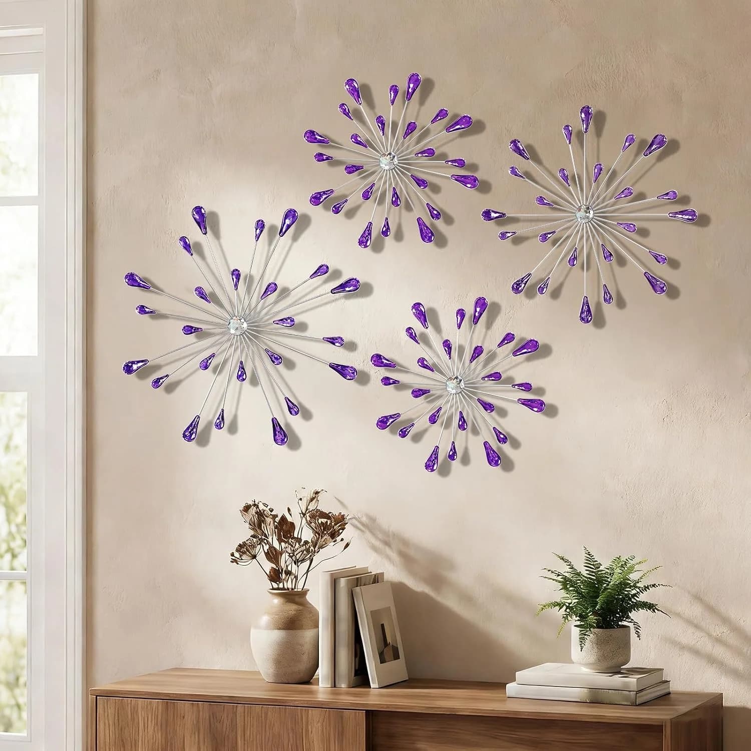 ZEXUIRU 4 Set Silver Starburst Wall Art for Home Decor Metal Bling Crystal Rhinestones Sunburst Wall Decor Sparkling Rhi