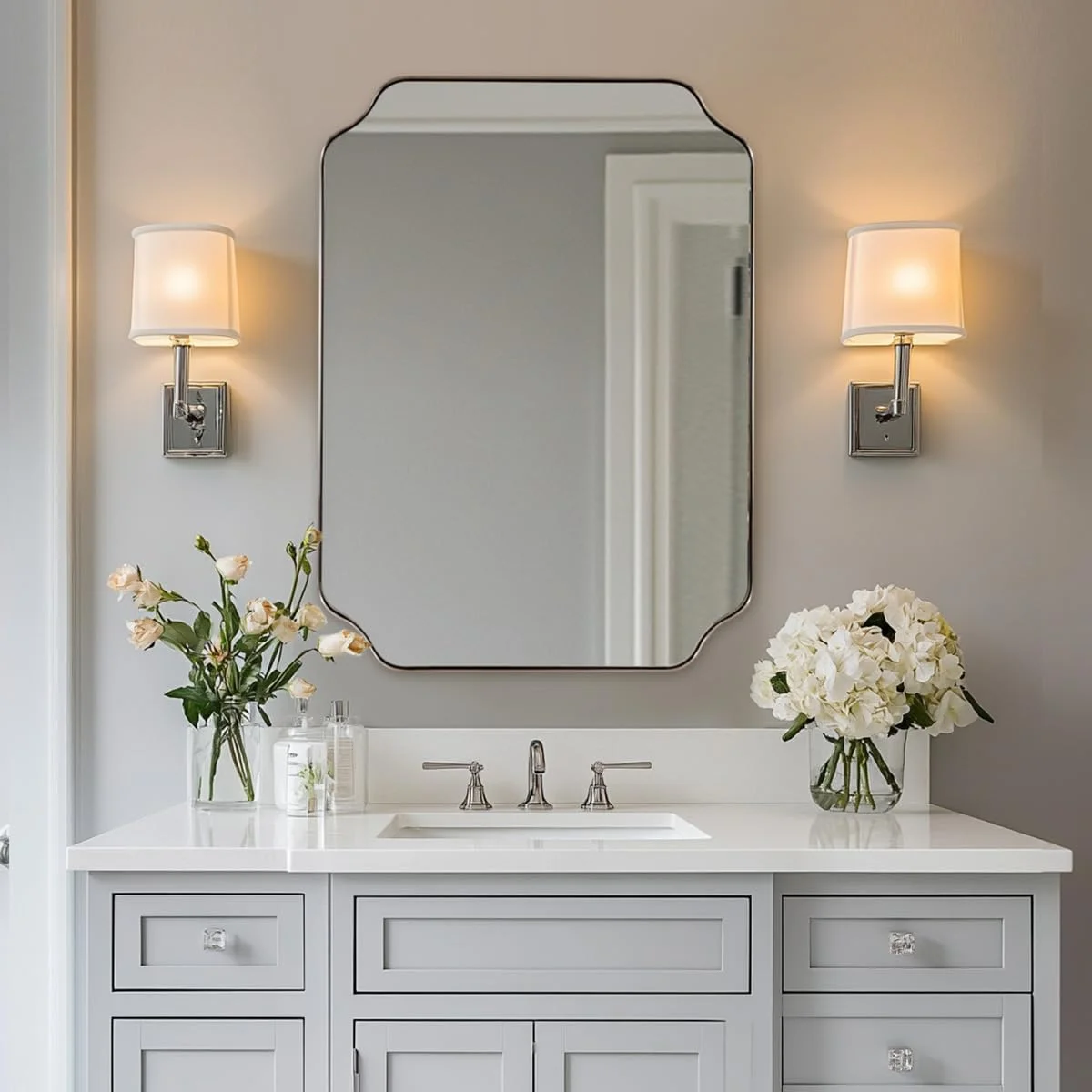 ANDY STAR Scalloped Bathroom Mirror, 24x32’’ Brushed Nickel Rectangle Mirror for Bathroom, Silver Bathroom Vanity Mirror