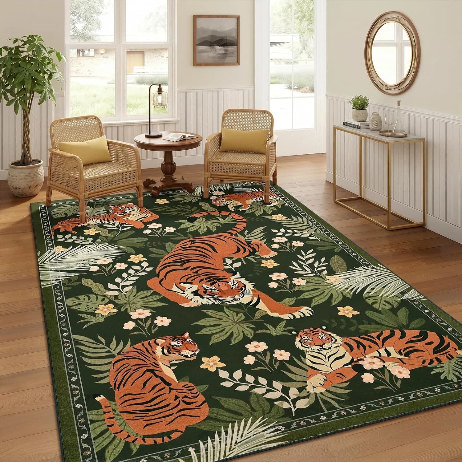 Zentavio Tiger Area Rug 5x7, Vintage Jungle Botanical Animal Print Rug, Washable Non Slip Maximalist Green Carpet for Li