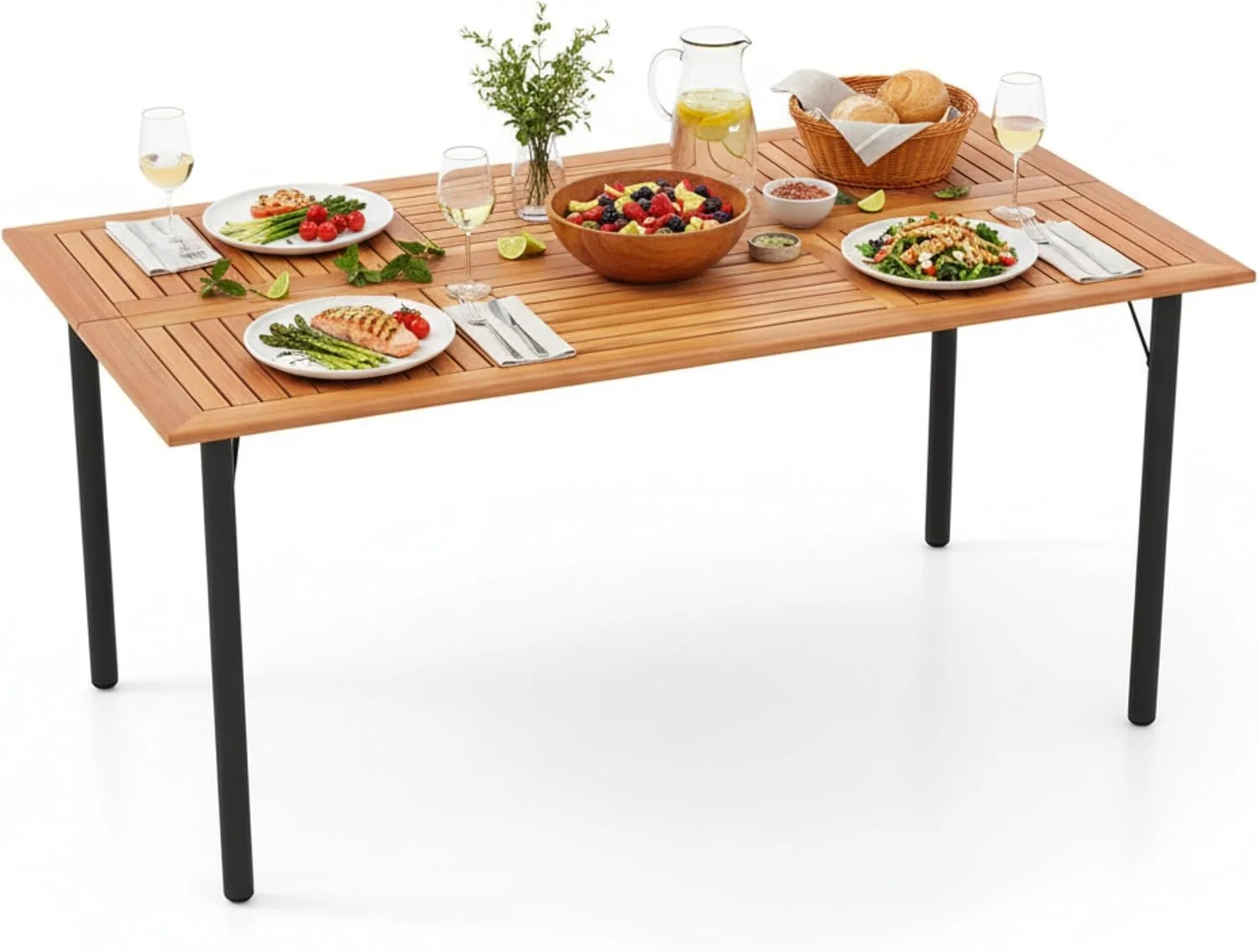 Tangkula 63" Acacia Wood Patio Dining Table for 6, Rectangular 6-Person Outdoor Dining Table with Metal Legs & Umbrella