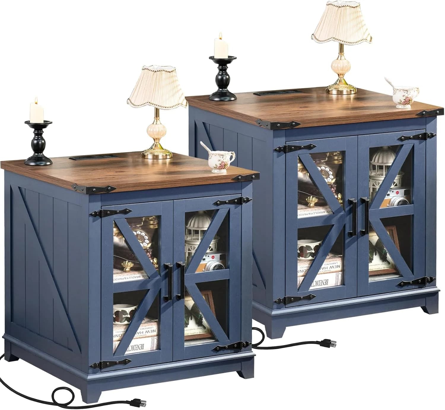 Joaxswe Farmhouse End Table Set 2 for Living Room, Charger Station