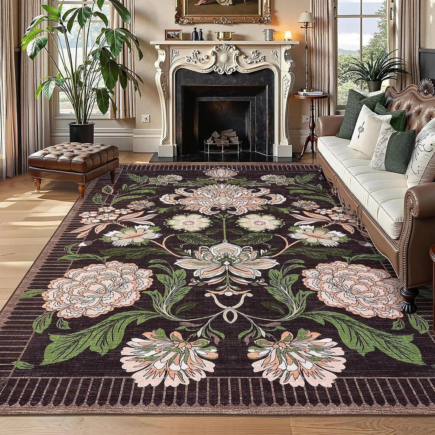 GarveeHome Plum Pink Floral Botanical Washable 8x10 Area Rug for Living Room Soft Black Purple Vintage Boho Cottage Larg