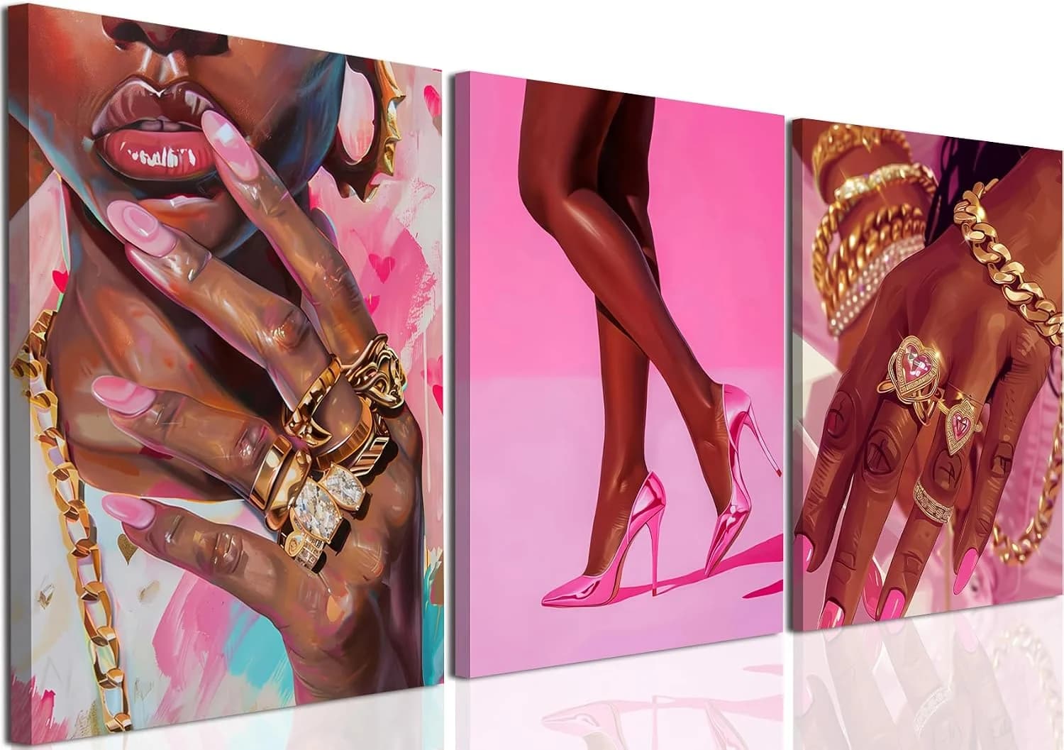 Black Girl Wall Art Set of 3 Pink Fashion Black Woman Canvas Wall Decor Pictures African American Women Paintings Home D