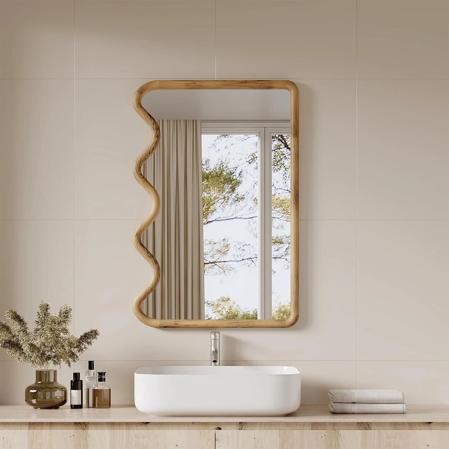 ULIKE Wavy Mirror for Wall, 24x36 Inch Wood Frame, Brown