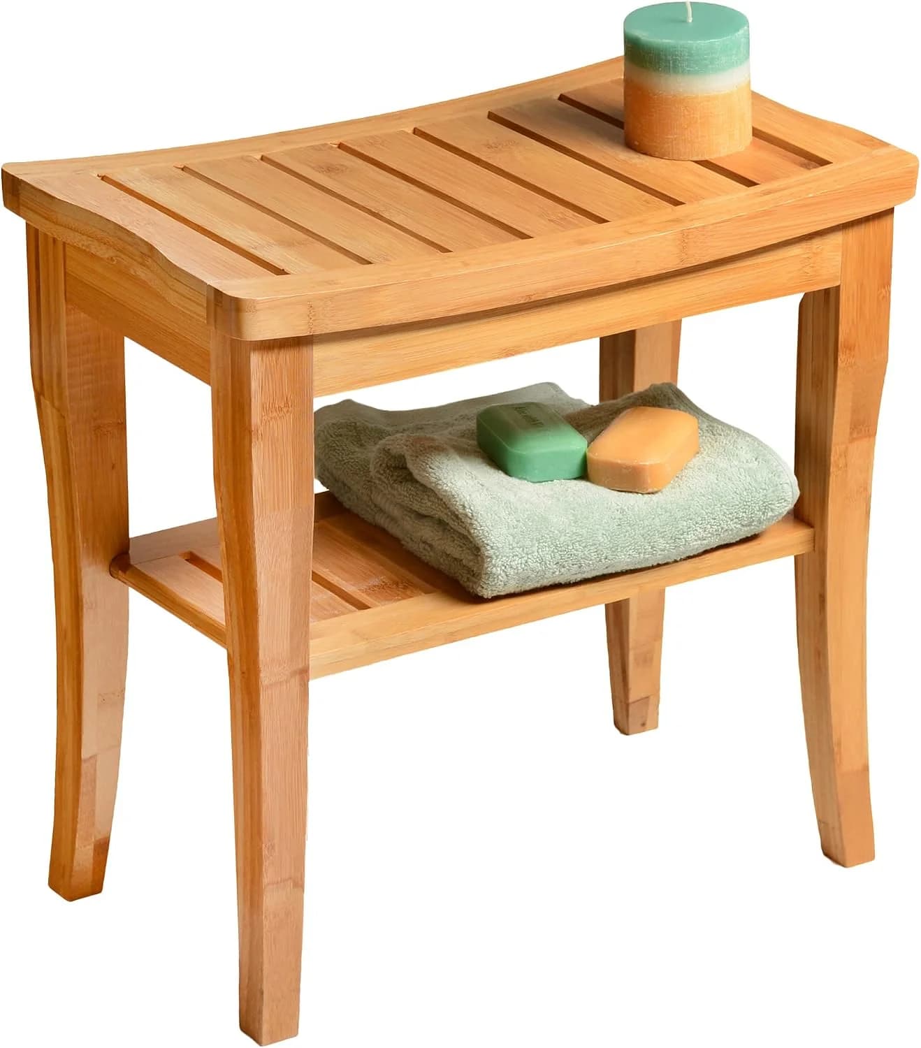 Bamboo Shower Bench - Wooden Shower Stool with Storage Shelf, Non Slip Seat