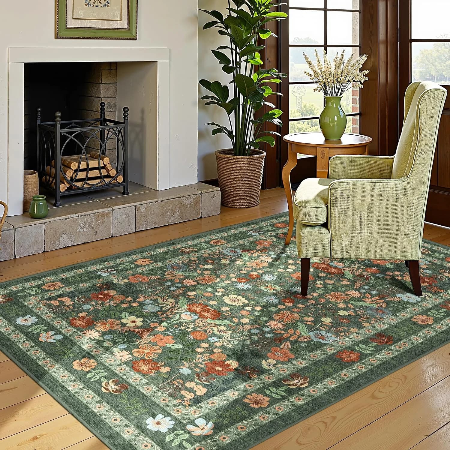 Green Floral Area Rugs 4x6 Washable Living Room Bedroom Carpet - Vintage Boho Thin Non-Slip Soft Low Pile Floor Mat Indo