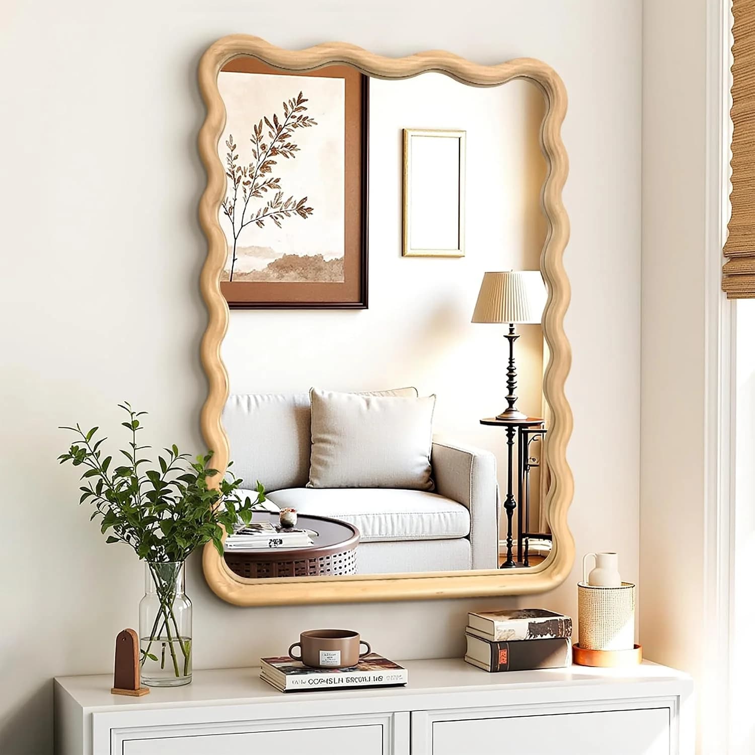 Wavy Wood Bathroom Vanity Mirror, 24"x36" Boho Decorative Wall Mirror