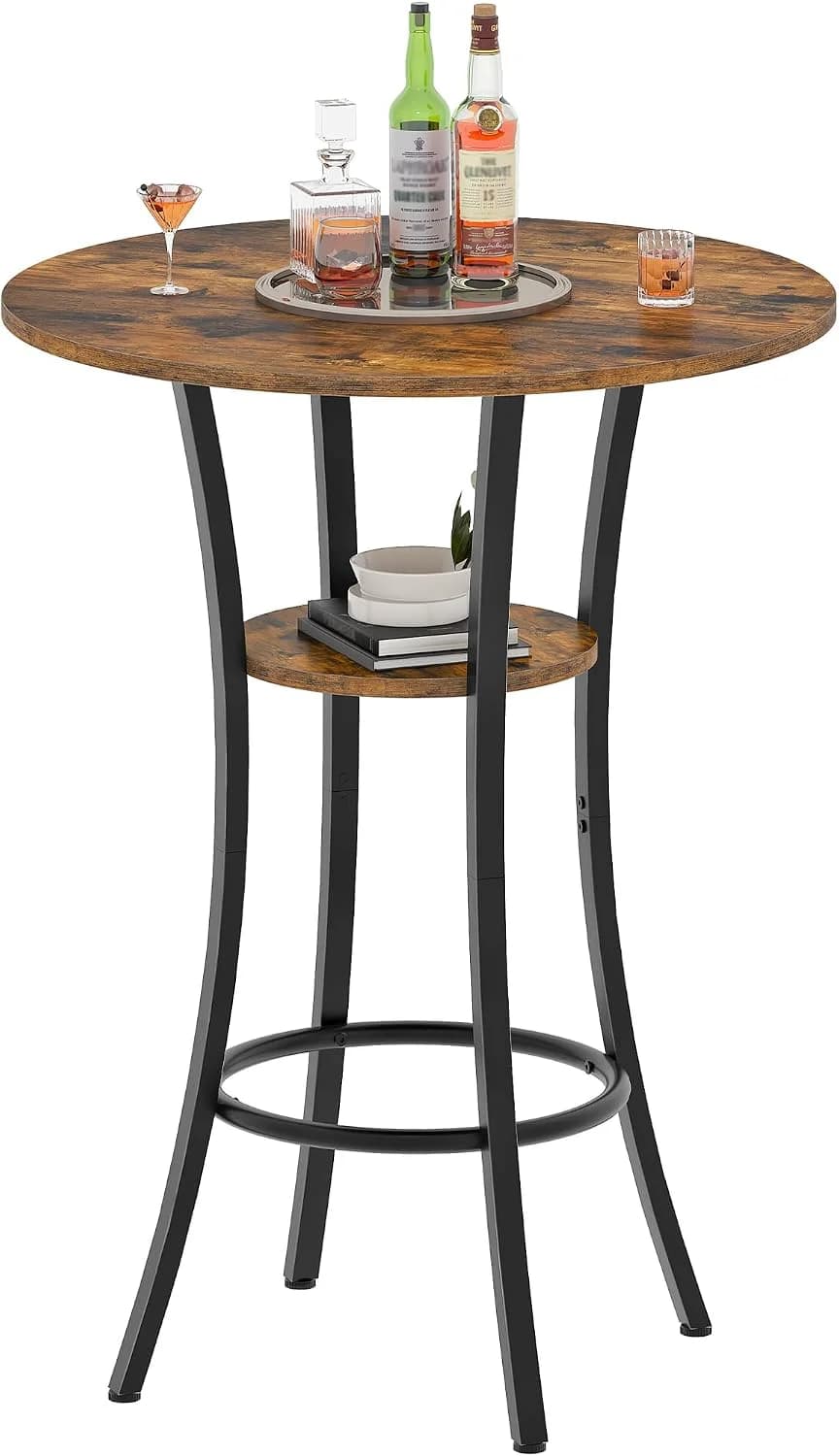 CHOEZON Round Bar Table, 2-Tier High Top & Counter Height Dining Table, for Bistro, Pub, Kitchen, Living Room, Rustic Br