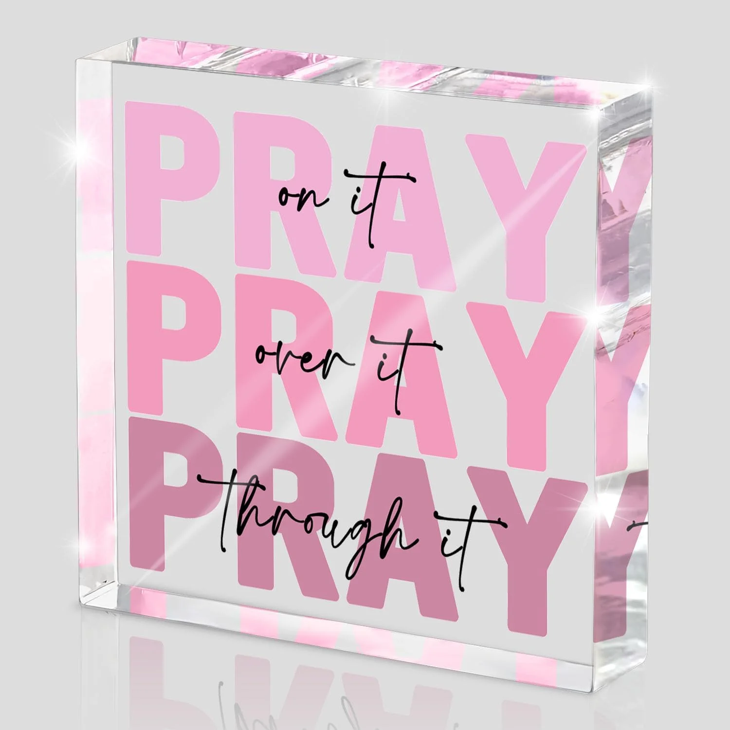 Pink Inspirational Decor Pray Over It Bible Verse Wall Art Christian Gifts for Women, 4x 4 Inches Office Desk Accessorie