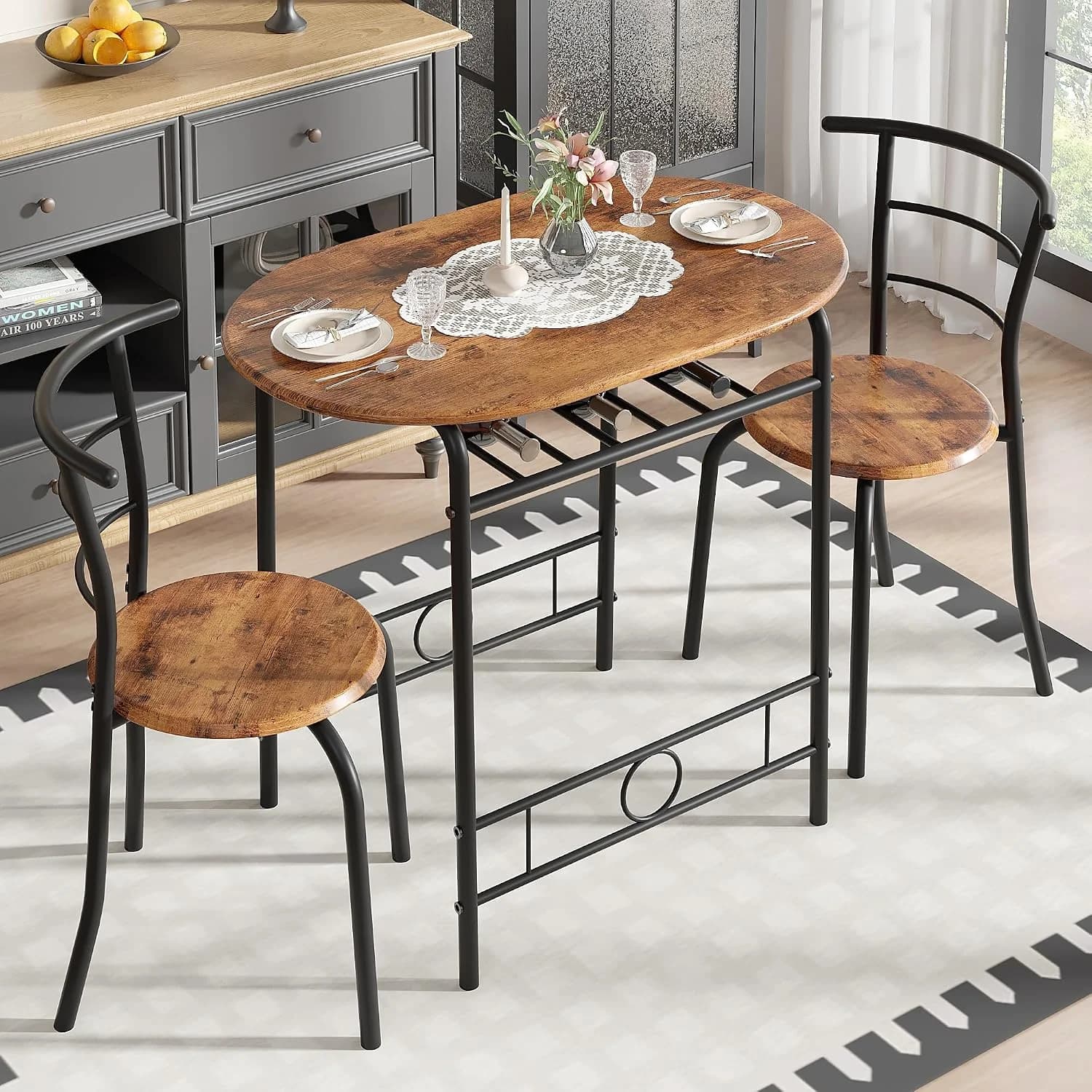 VECELO 3-Piece Dining Table Set for Kitchen Breakfast Nook, Wood Grain Oval Tabletop and Metal Frame with Built-in Wine