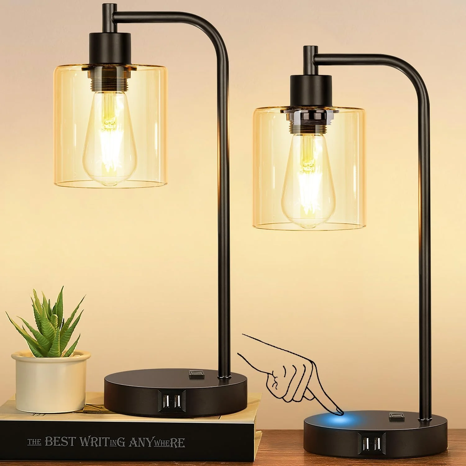 Set of 2 Industrial Touch Control Table Lamps with 2 USB Ports and AC Outlet - 3-Way Dimmable Black Bedside Lamp Nightst