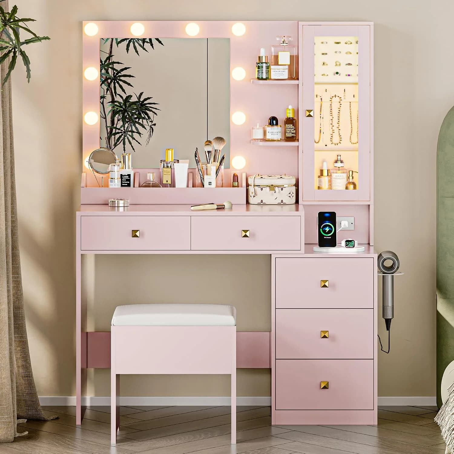 Vanity Desk with Mirror and Lights, Pink Makeup Vanity with 5 Drawers Hidden Jewelry Organizer& LED Glass Cabinet,3 Ligh
