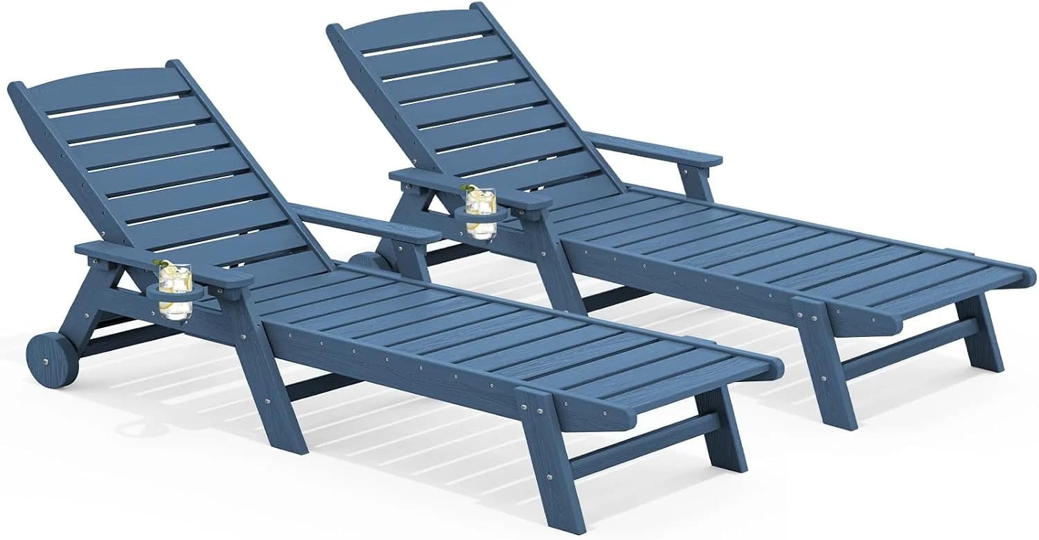 SERWALL HDPE Outdoor Lounge Chair Set of 2 with Cup Holder, Blue