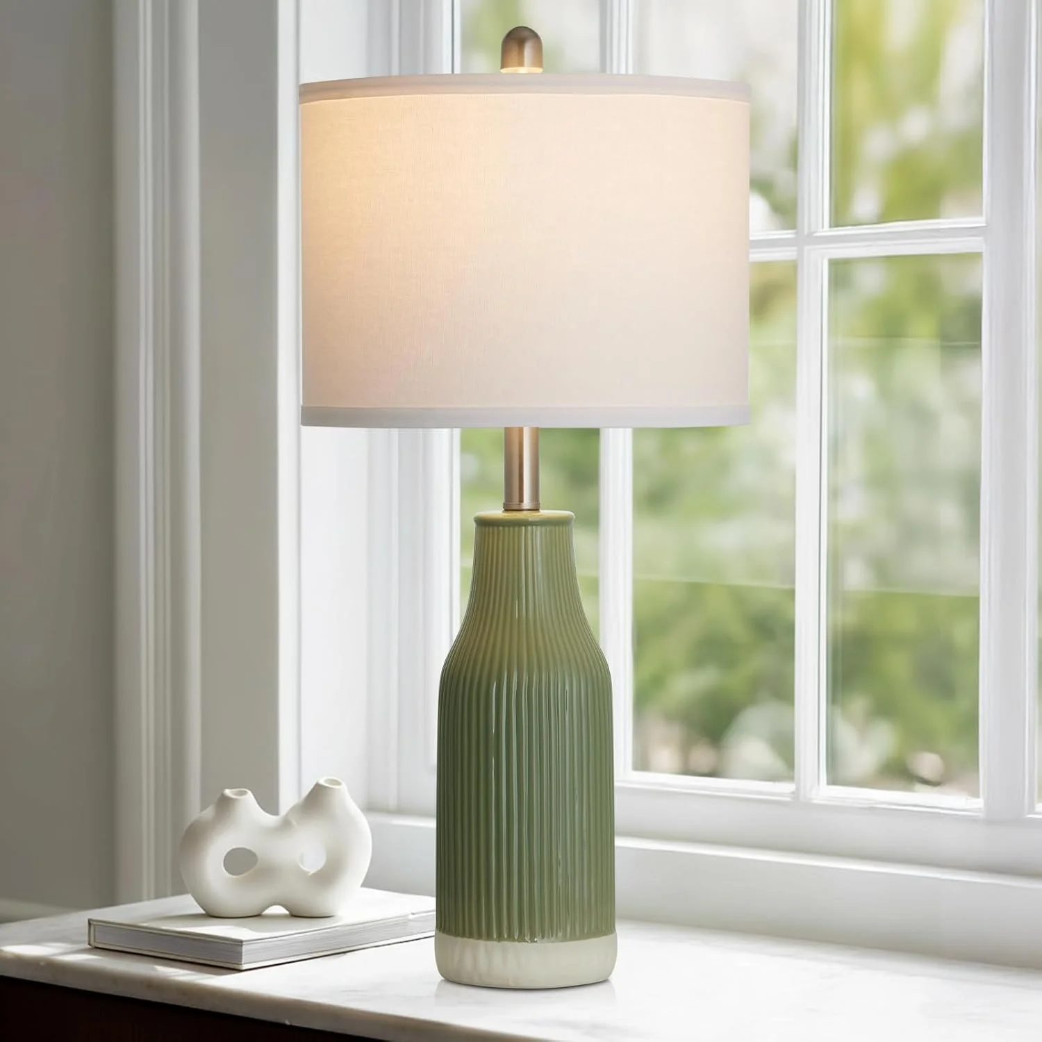 24.5" Ceramic Table Lamp for Bedroom, Sage Green Table Lamp for Living Room End Table, Small Farmhouse Bedside Lamp for