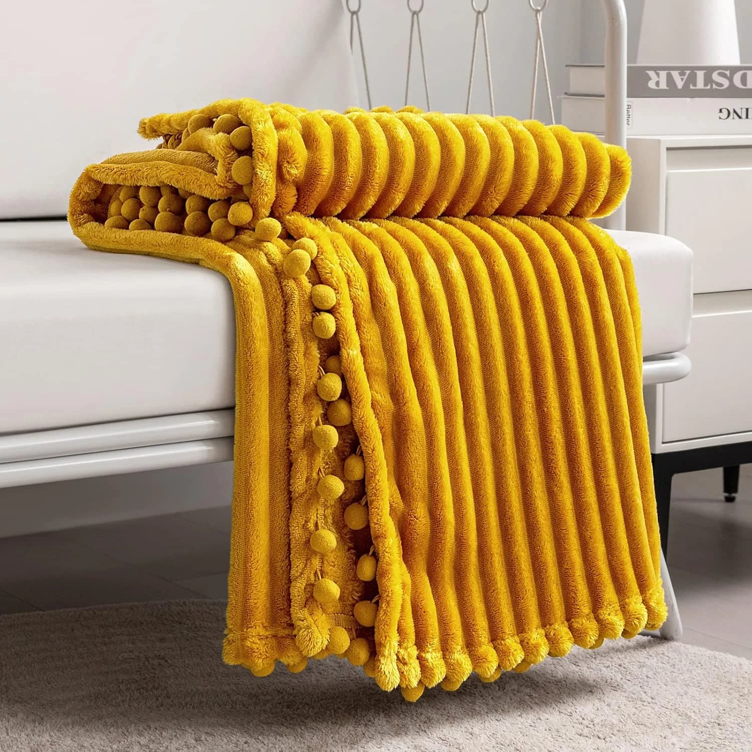 DISSA Fleece Blanket Throw Size – 51x63, Yellow Soft, Plush, Fluffy, Fuzzy, Warm, Cozy Perfect for Couch, Bed, Sofa - wi
