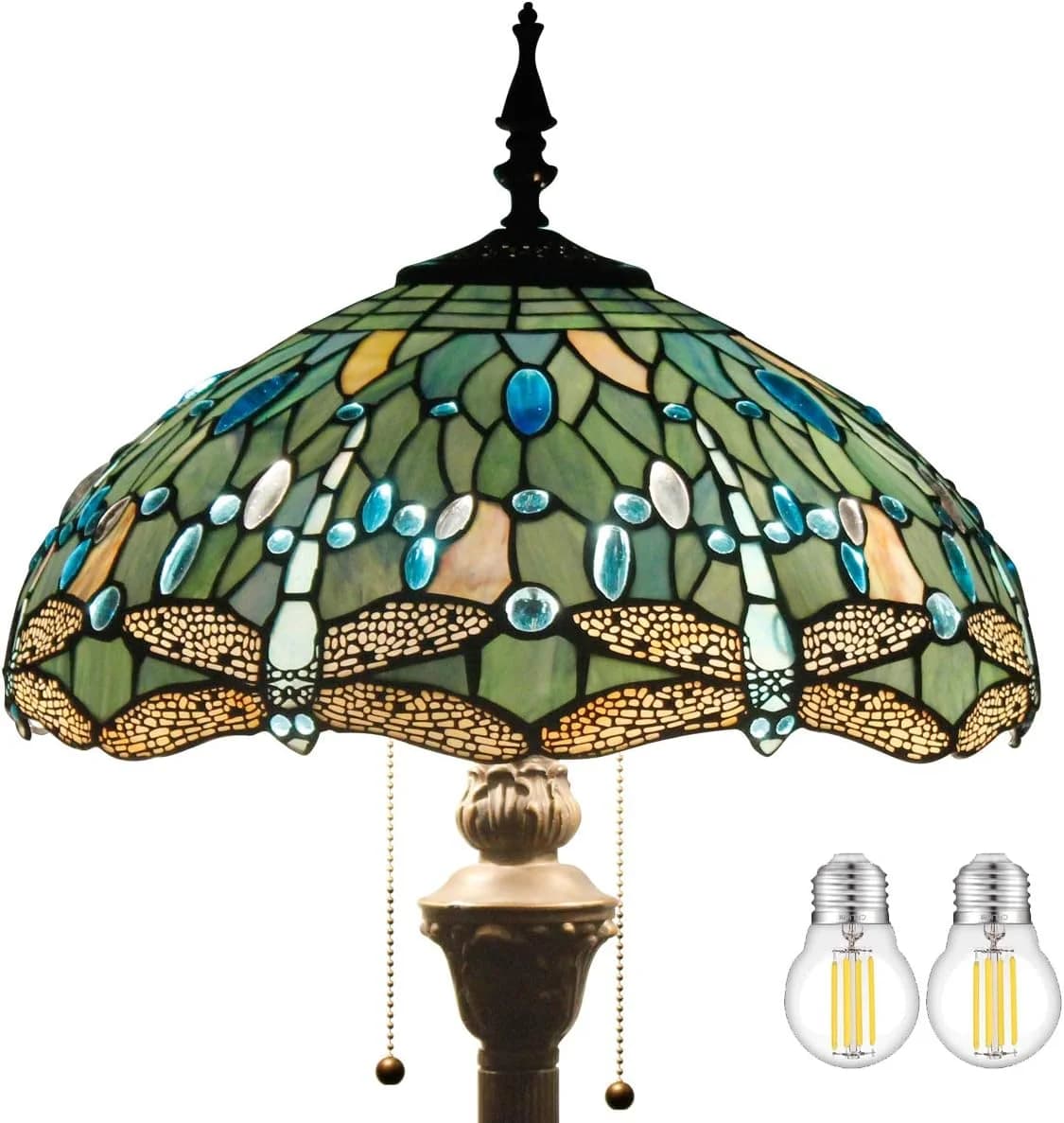 WERFACTORY Tiffany Floor Lamp Sea Blue Stained Glass Dragonfly Standing Reading Light 16X16X64 Inches Antique Pole Corne