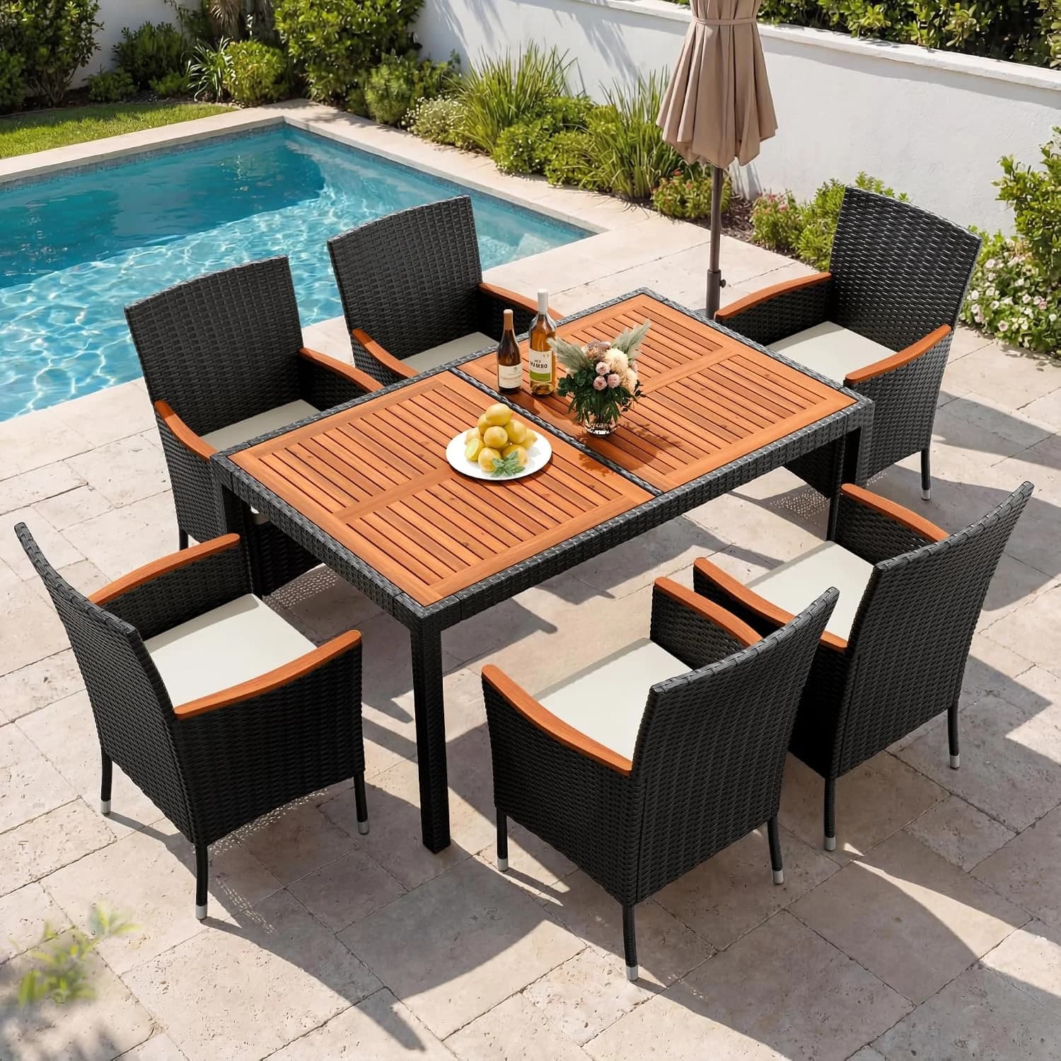 Devoko 7 PCS Acacia Wood Patio Dining Set, Black Rattan