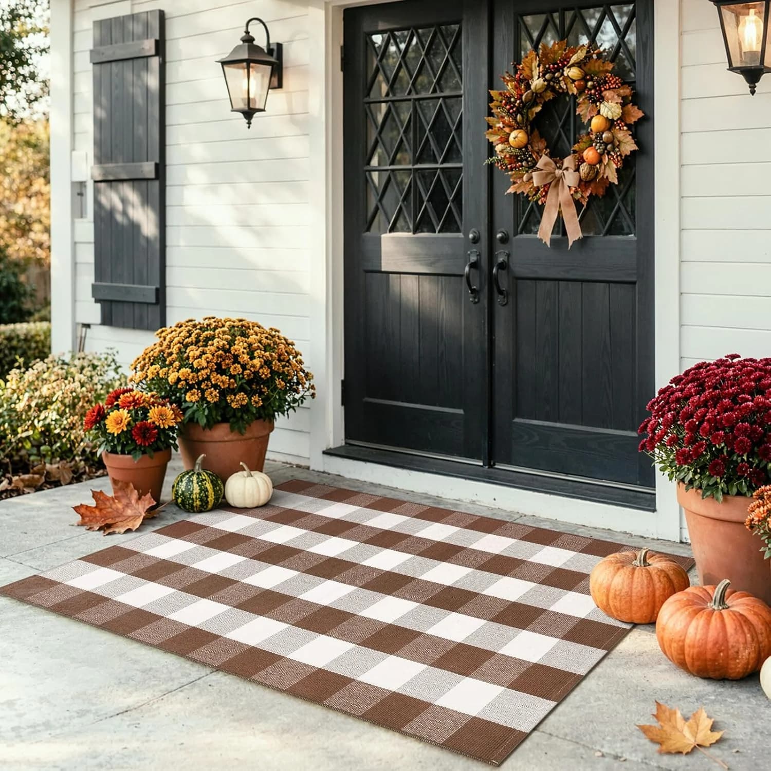 LEEVAN Fall Buffalo Plaid Outdoor Rugs 3x5, Brown and White Porch Rug