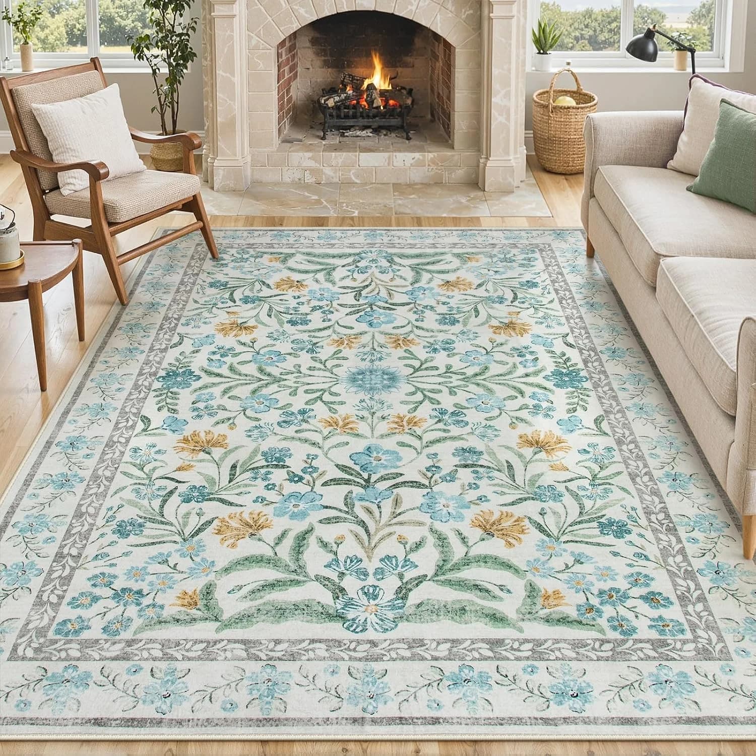 Lahome Light Blue Bedroom Rug 8x10 Under Bed, Boho Washable Rugs for Living Room Nursery, Soft Wool Vintage Low Pile Car