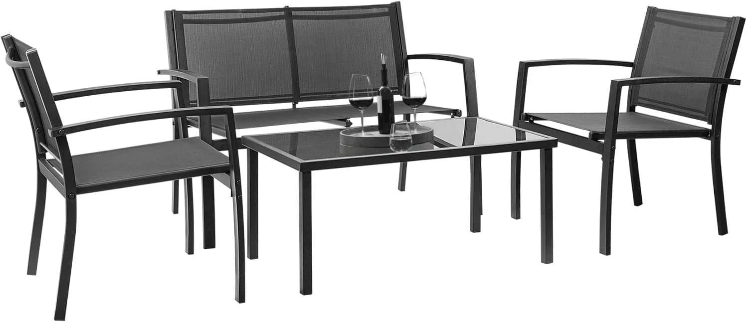 Devoko Outdoor Furniture Set 4 Piece Patio Conversation Sets Porch Furniture with Lawn Chairs & Glass Coffee Table for G