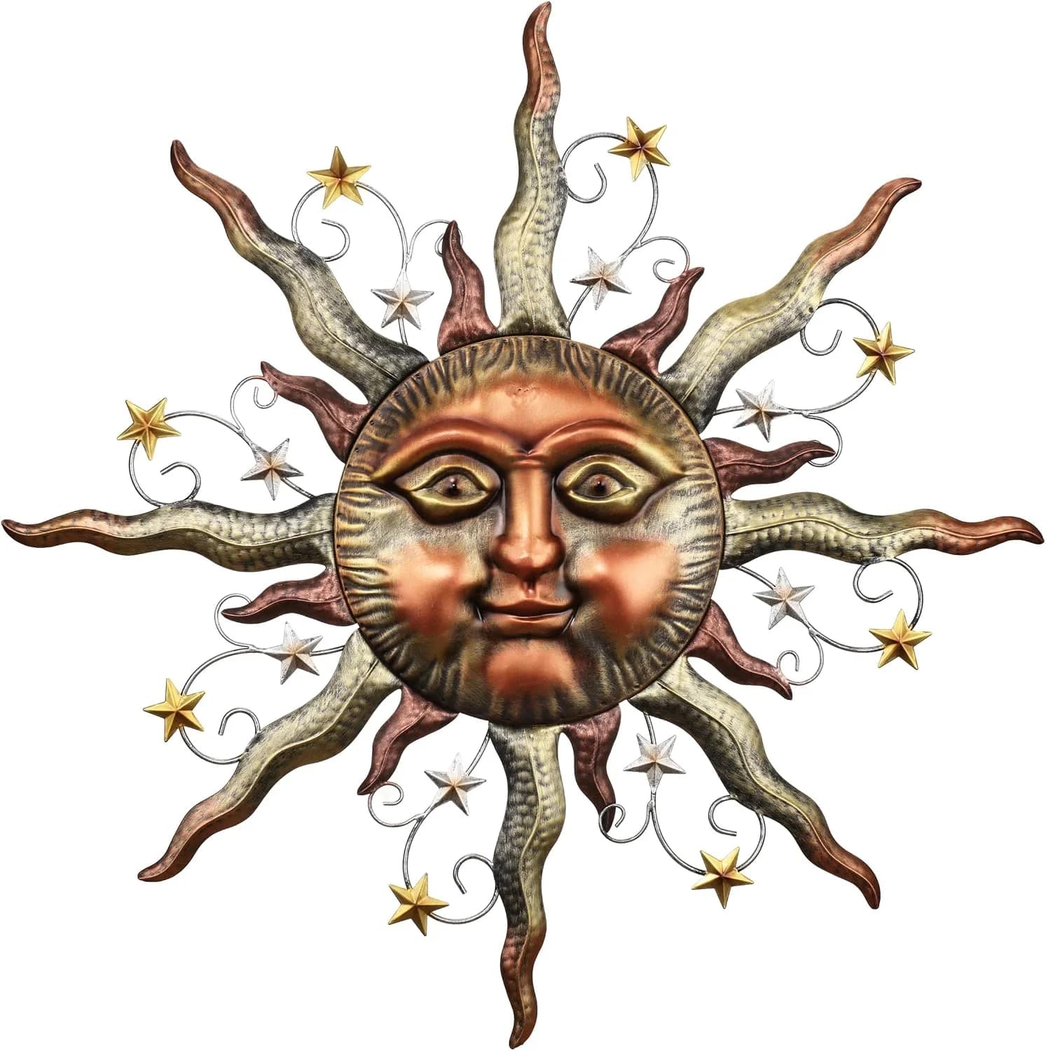 TERESA'S COLLECTIONS Sun Metal Wall Art for Outdoor Decor,32" Bronze Sun Face 3D Wall Decor for Garden Decor,Rustic Retr